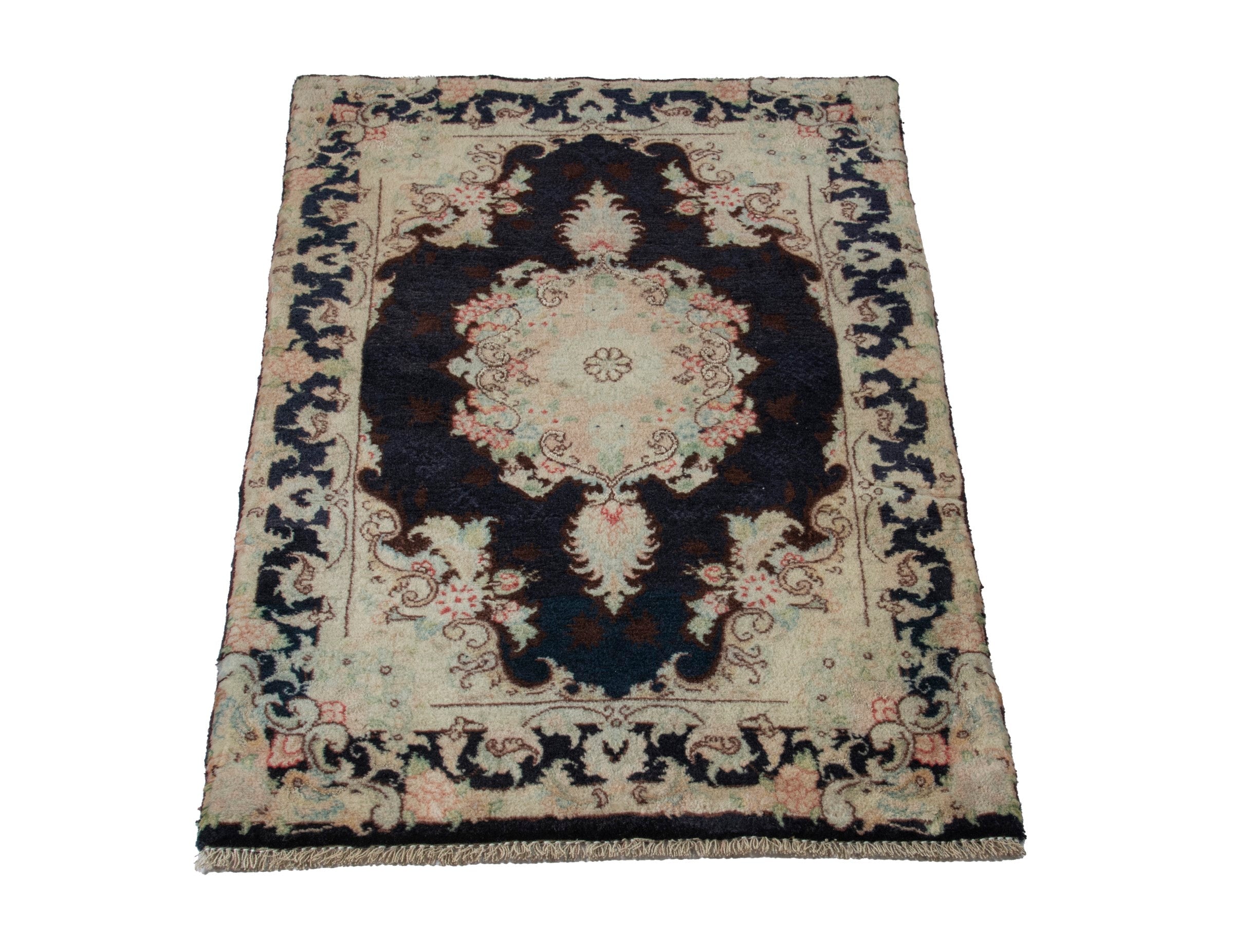 Persian Tabriz accent rug in navy and cream, view 3 of 7