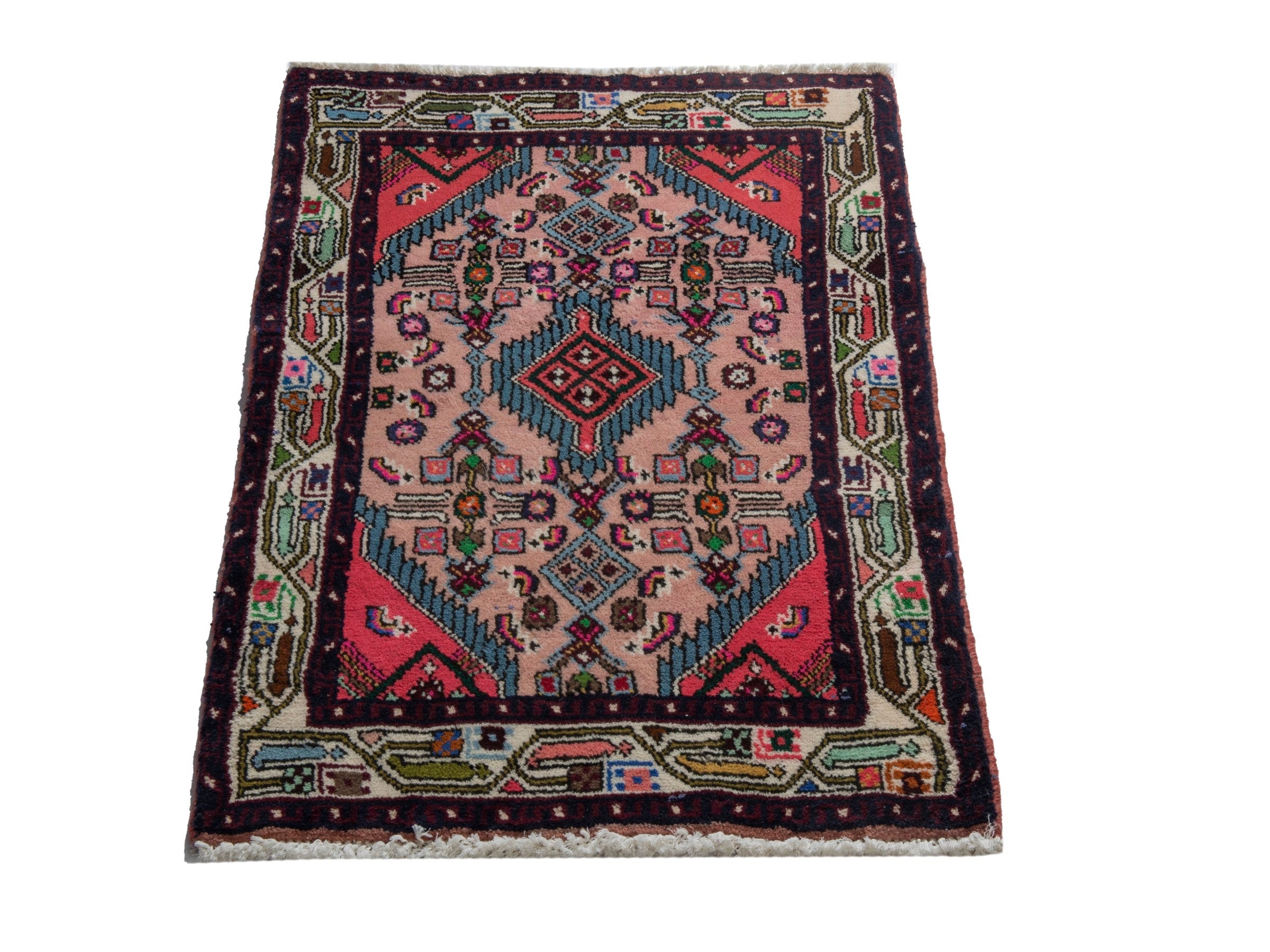 Persian Hamedan accent rug in dusty rose and navy, view 2 of 7
