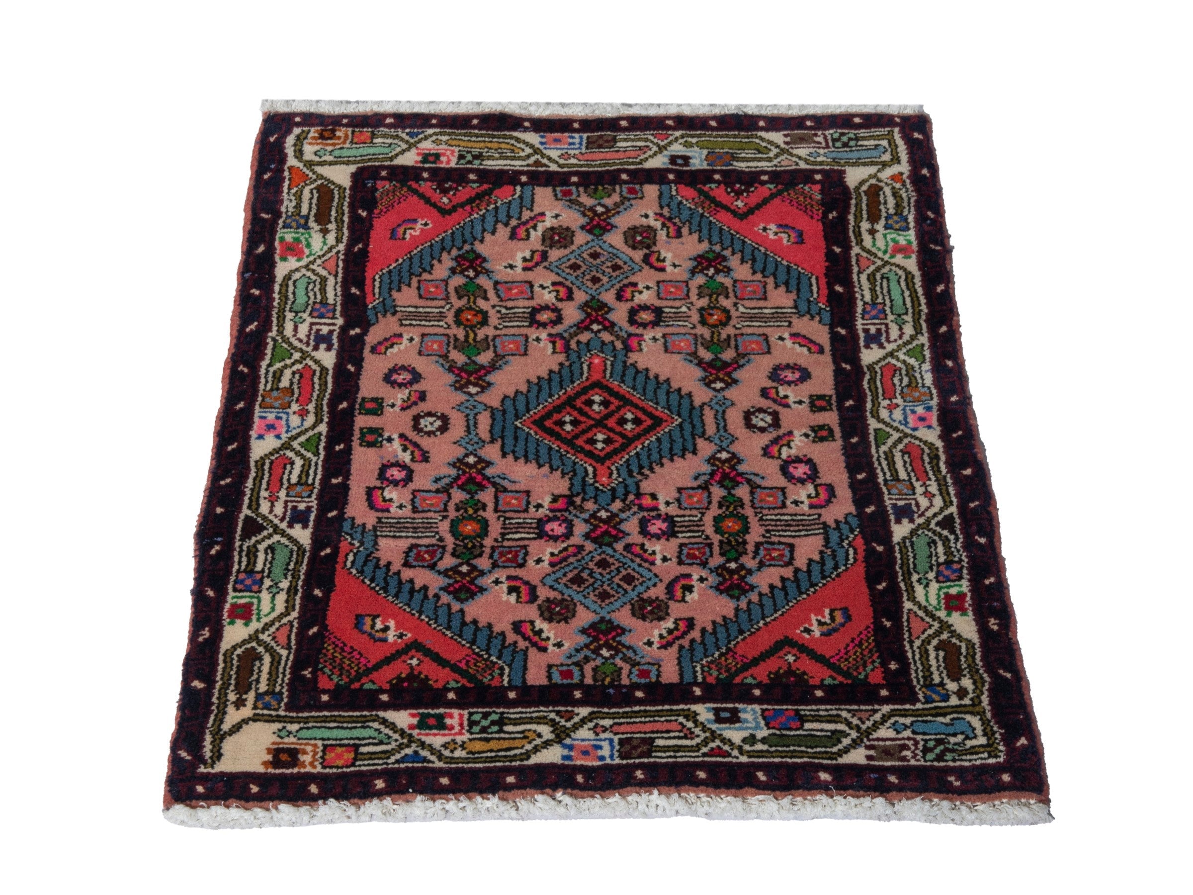 Persian Hamedan accent rug in dusty rose and navy, view 3 of 7