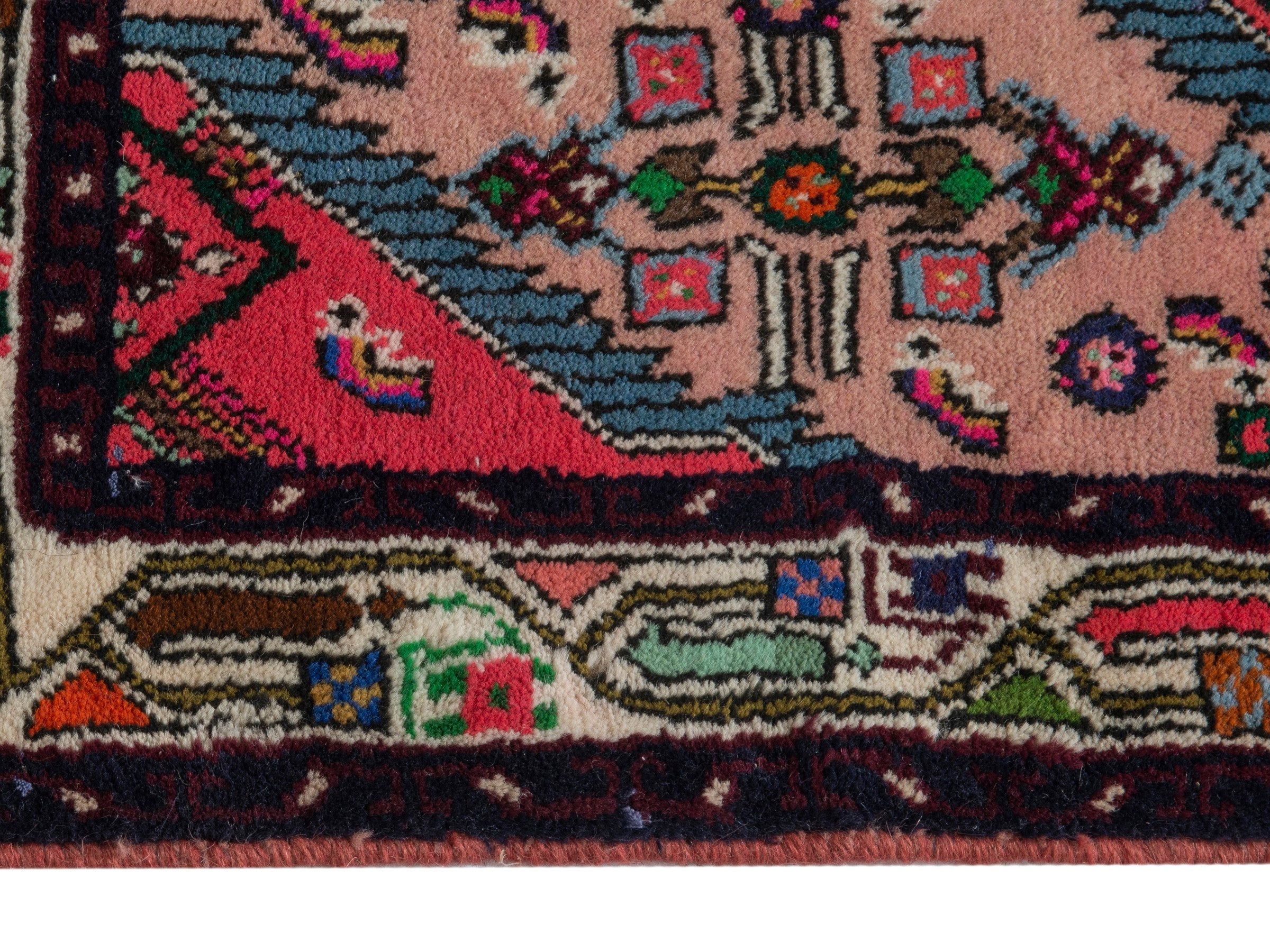 Persian Hamedan accent rug in dusty rose and navy, view 4 of 7