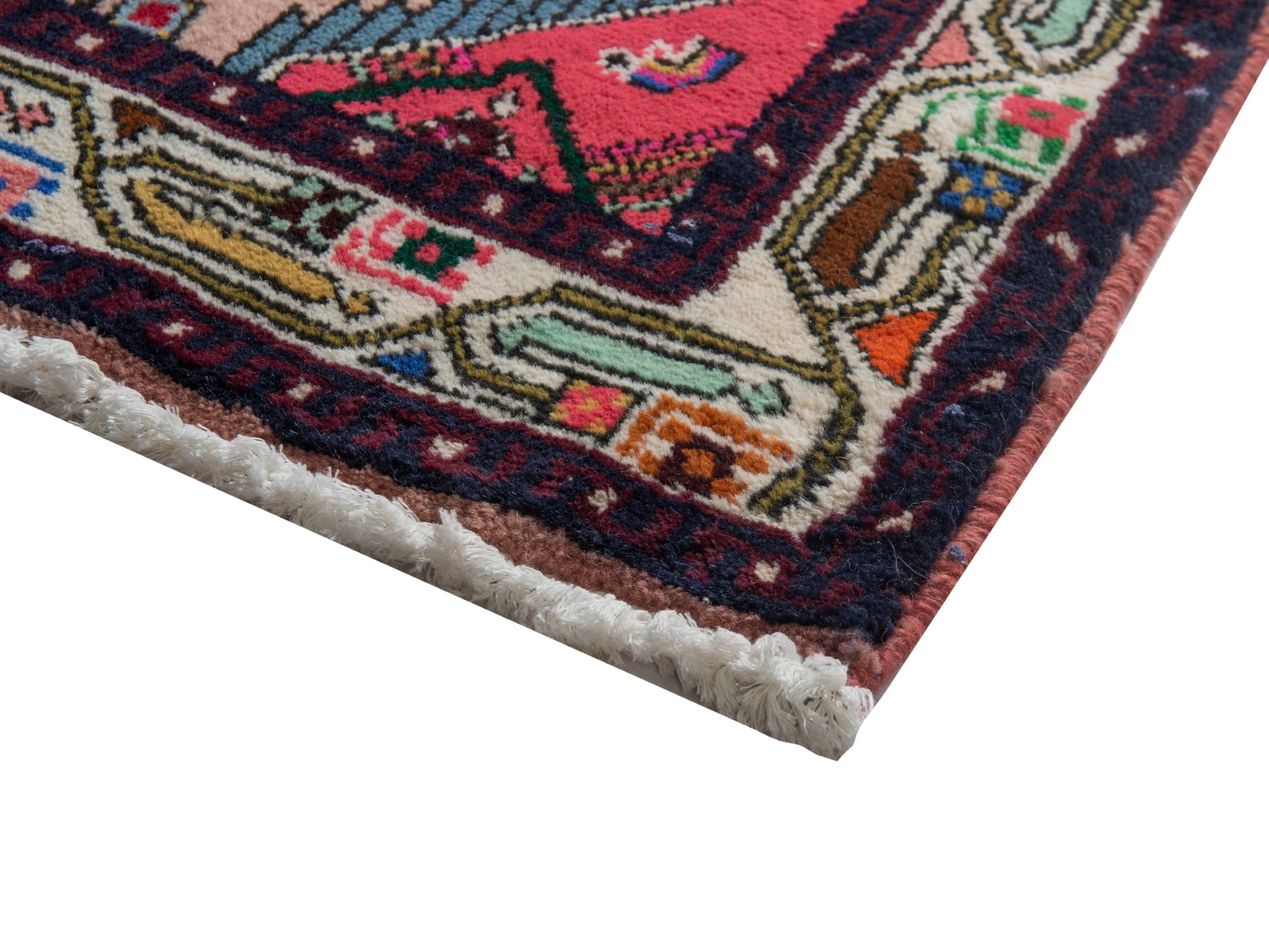 Persian Hamedan accent rug in dusty rose and navy, view 5 of 7