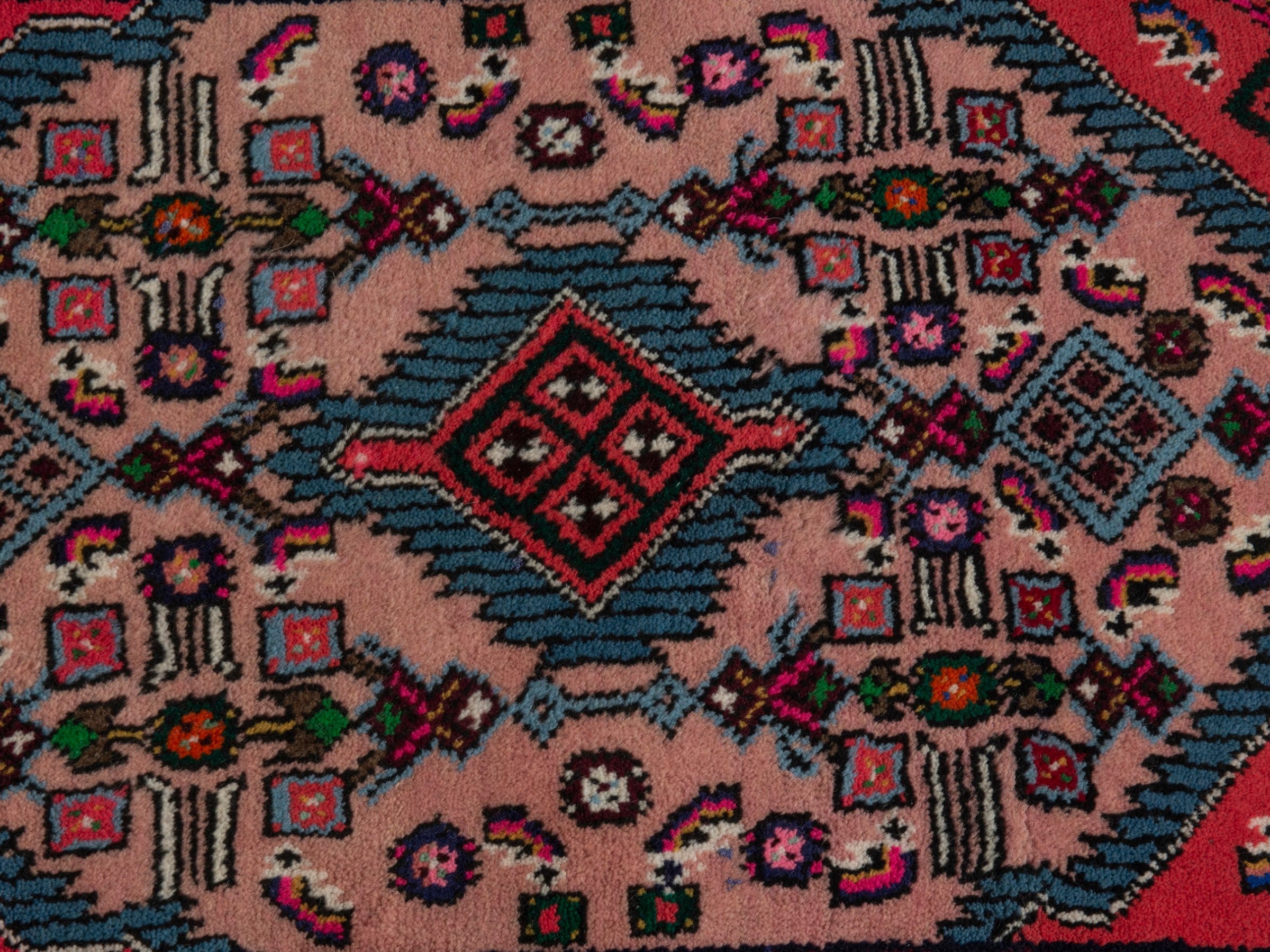 Persian Hamedan accent rug in dusty rose and navy, view 6 of 7