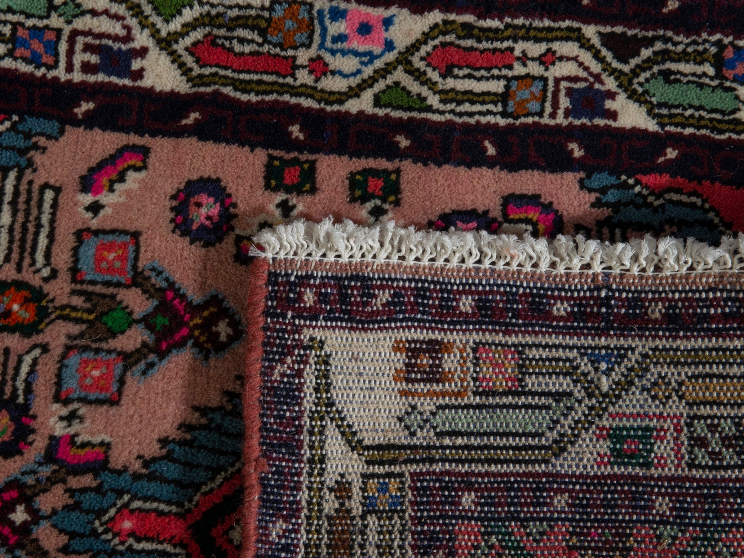 Persian Hamedan accent rug in dusty rose and navy, view 7 of 7