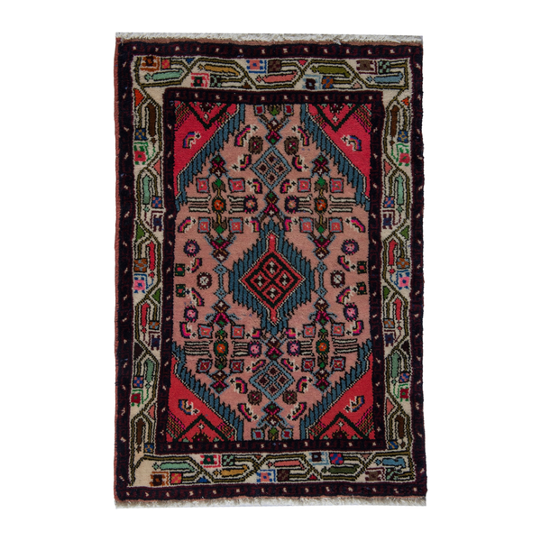 Persian Hamadan accent rug in dusty rose and navy, 2' x 2'11"
