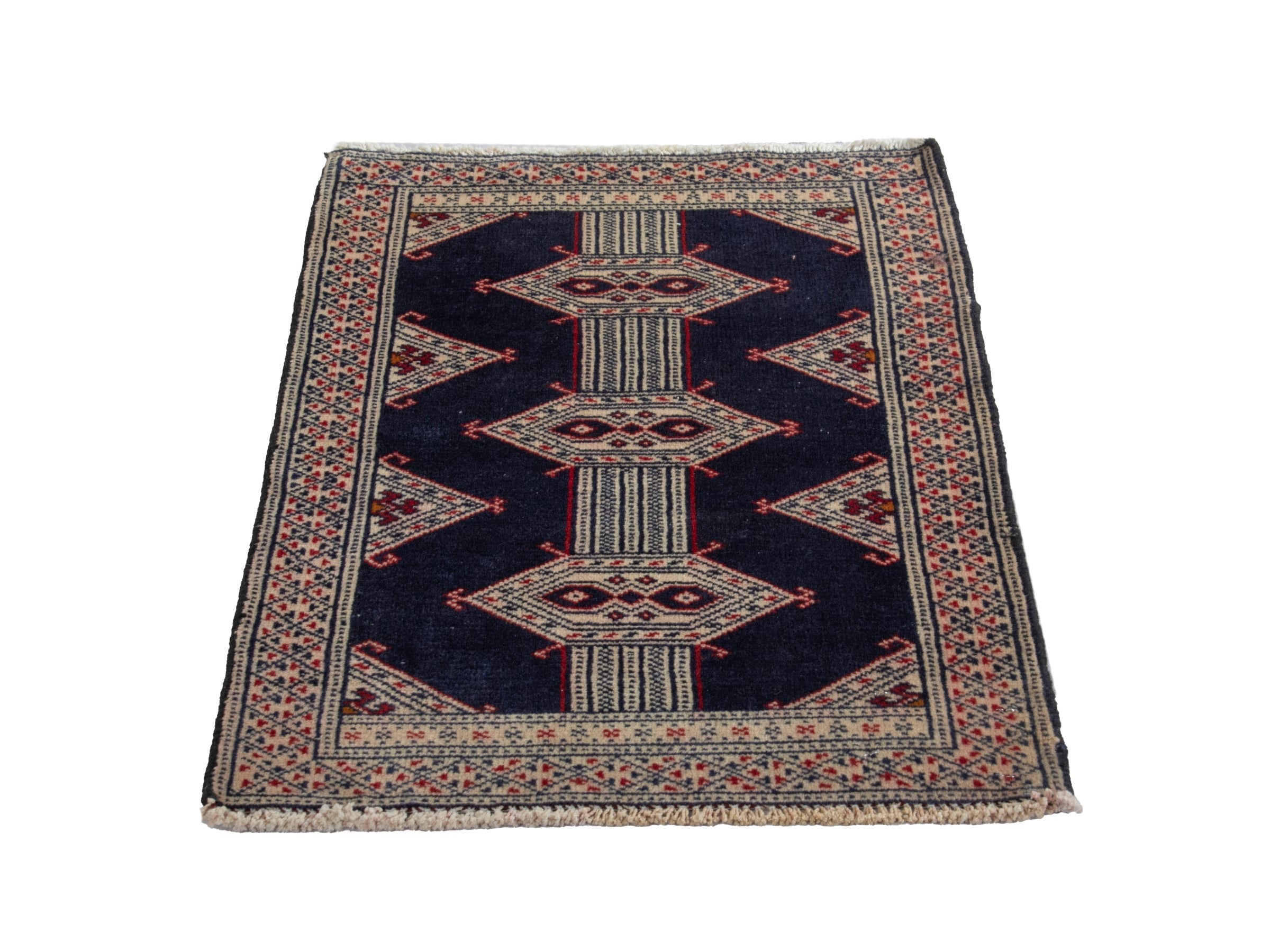 Persian Torkaman accent rug in navy and cream, view 2 of 8