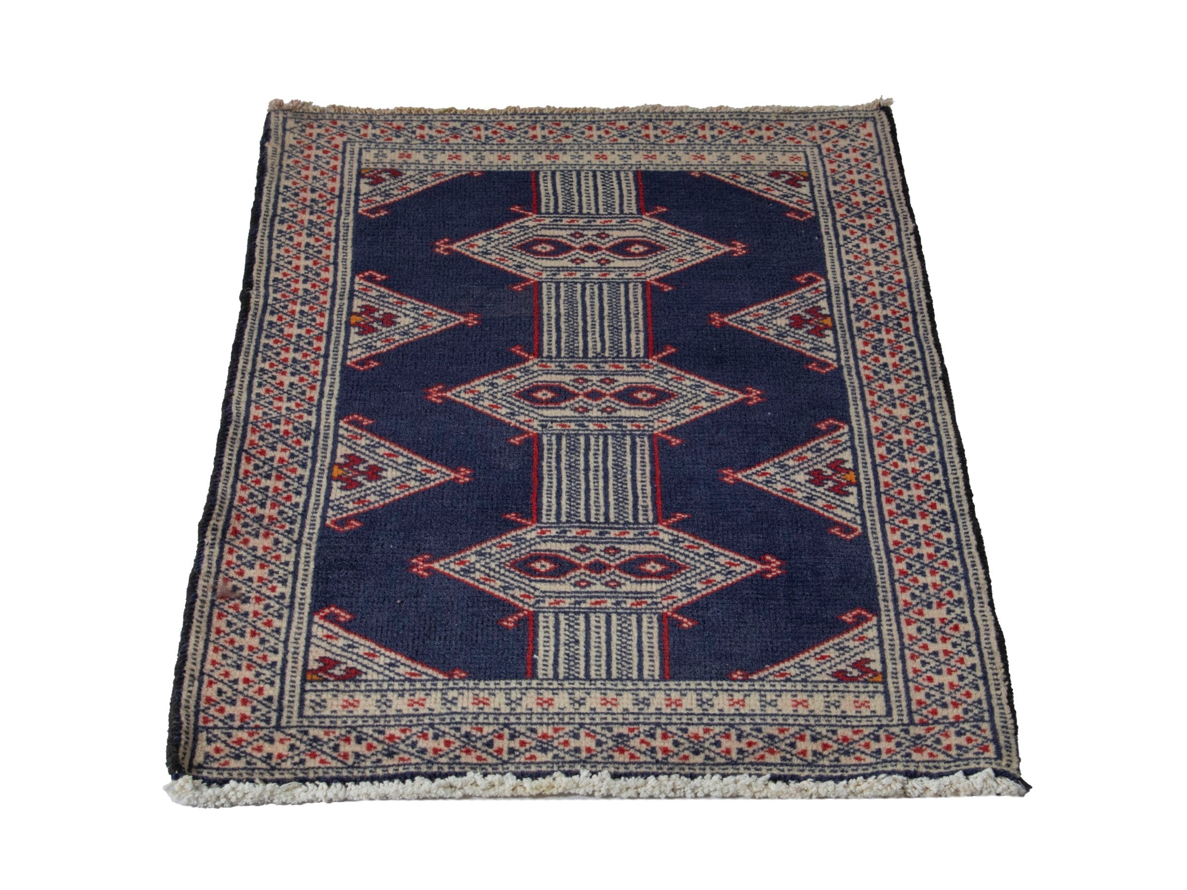 Persian Torkaman accent rug in navy and cream, view 3 of 8
