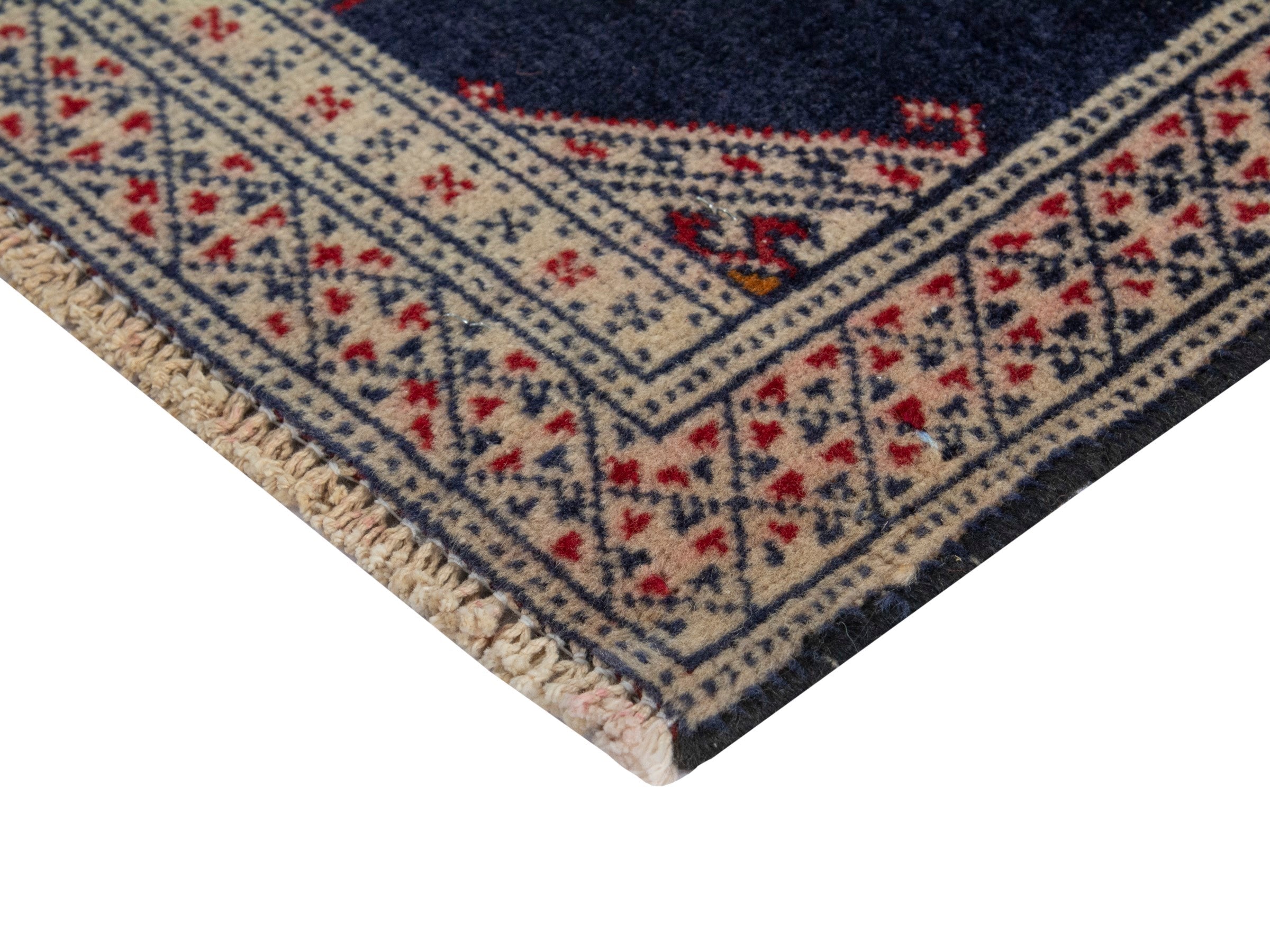 Persian Torkaman accent rug in navy and cream, view 5 of 8