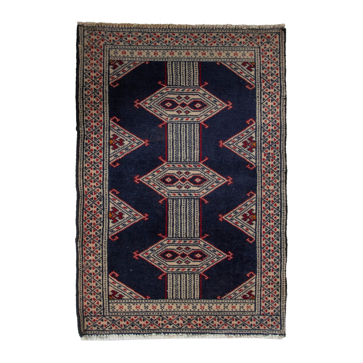 Persian Torkaman accent rug in navy and cream, 1'10" x 2'9"