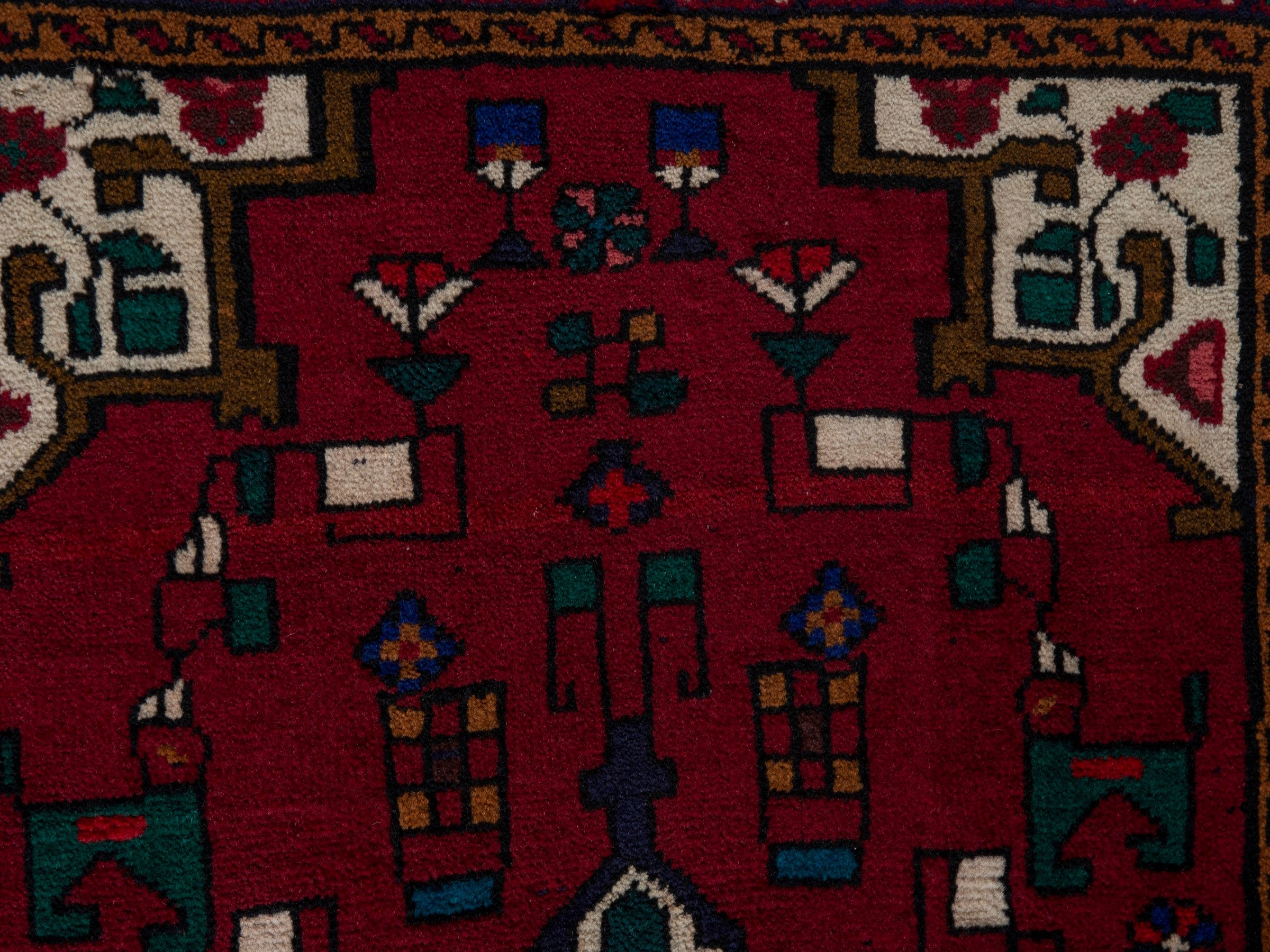 Persian Gharajeh accent rug in burgundy and off-white, view 7 of 8