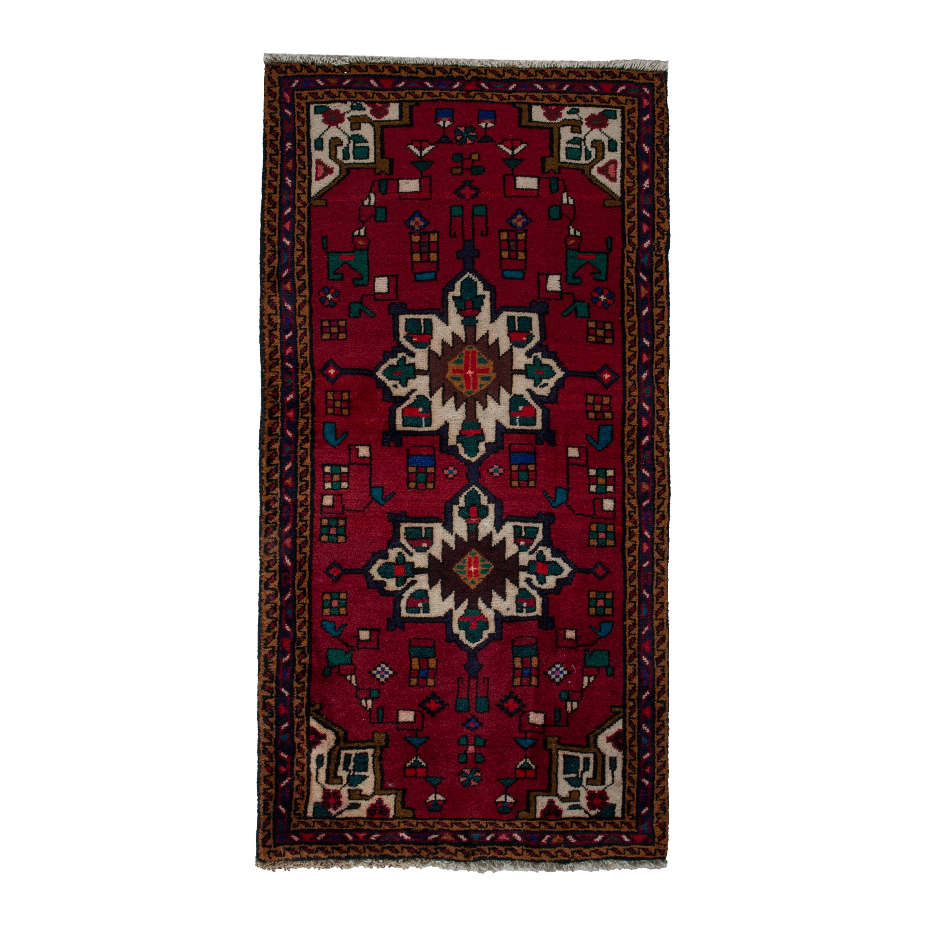 Persian Gharajeh accent rug in burgundy and off-white, 2'4" x 4'7"