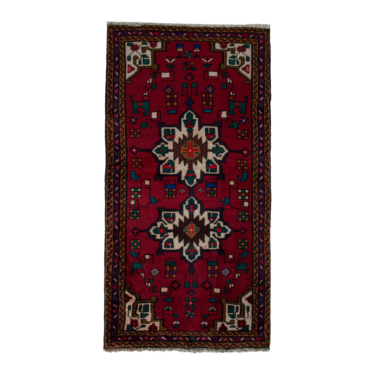 Persian Gharajeh accent rug in burgundy and off-white, 2'4" x 4'7"