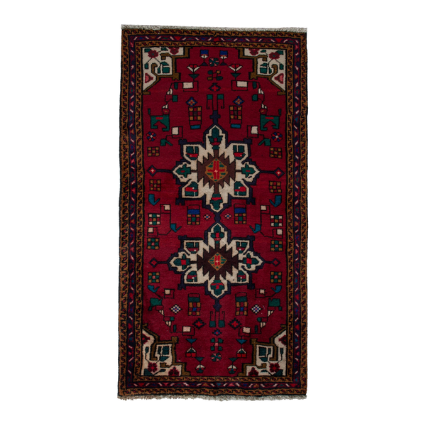 Persian Gharajeh runner rug in burgundy and off-white, 2'4" x 4'7"