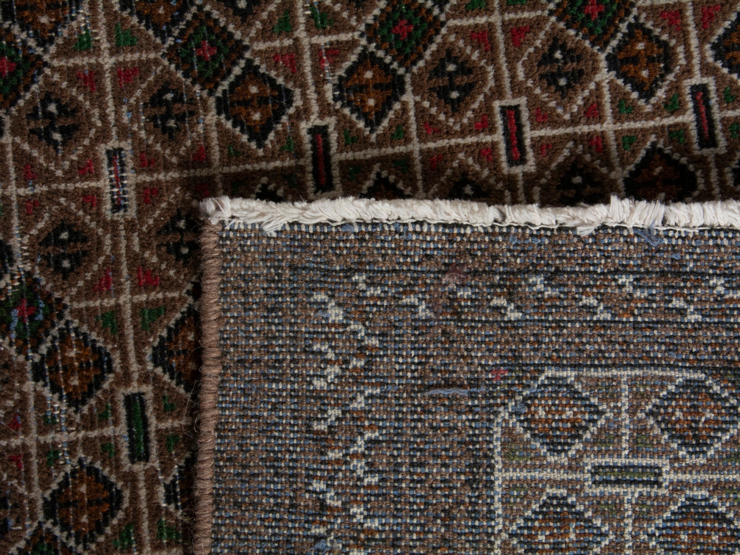 Persian Torkaman accent rug in dark brown and cream, view 6 of 6