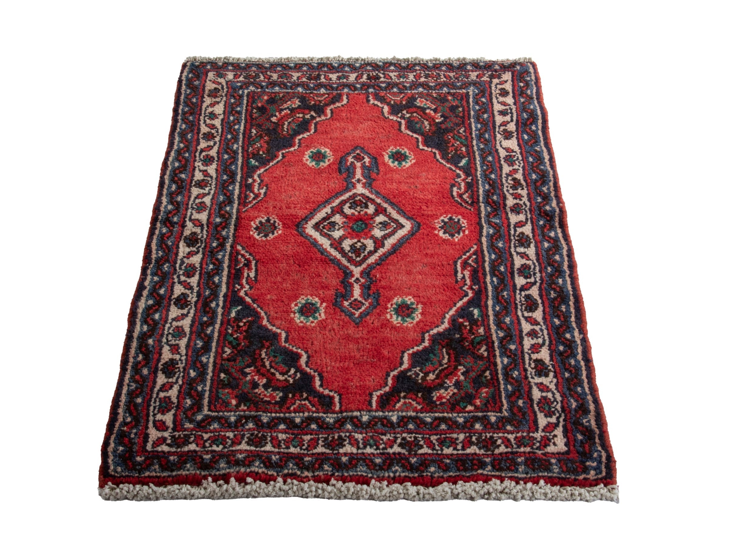 Persian Hamedan accent rug in deep red and burgundy, view 2 of 7
