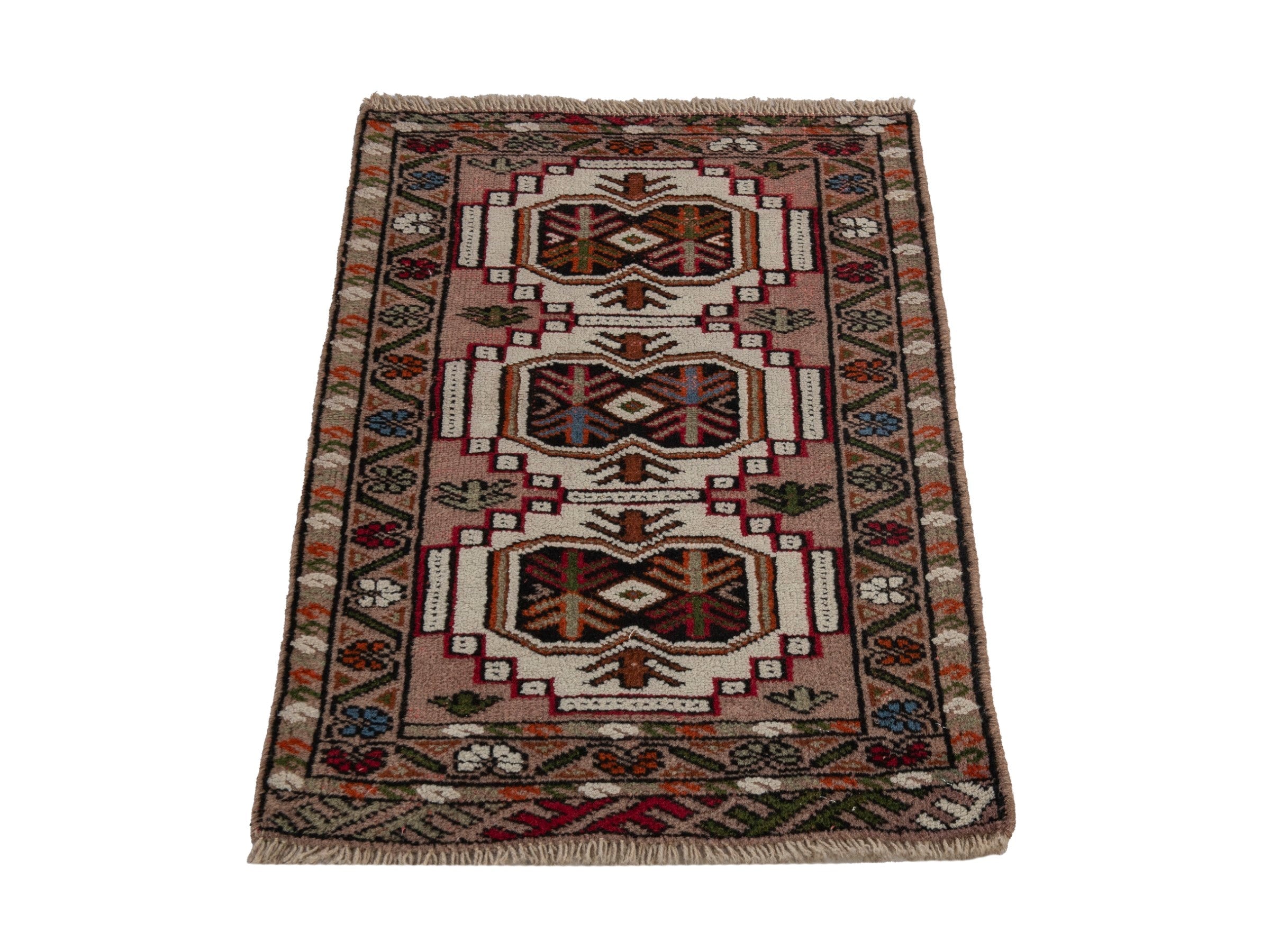 Persian Torkaman accent rug in muted pink and deep red, view 2 of 7
