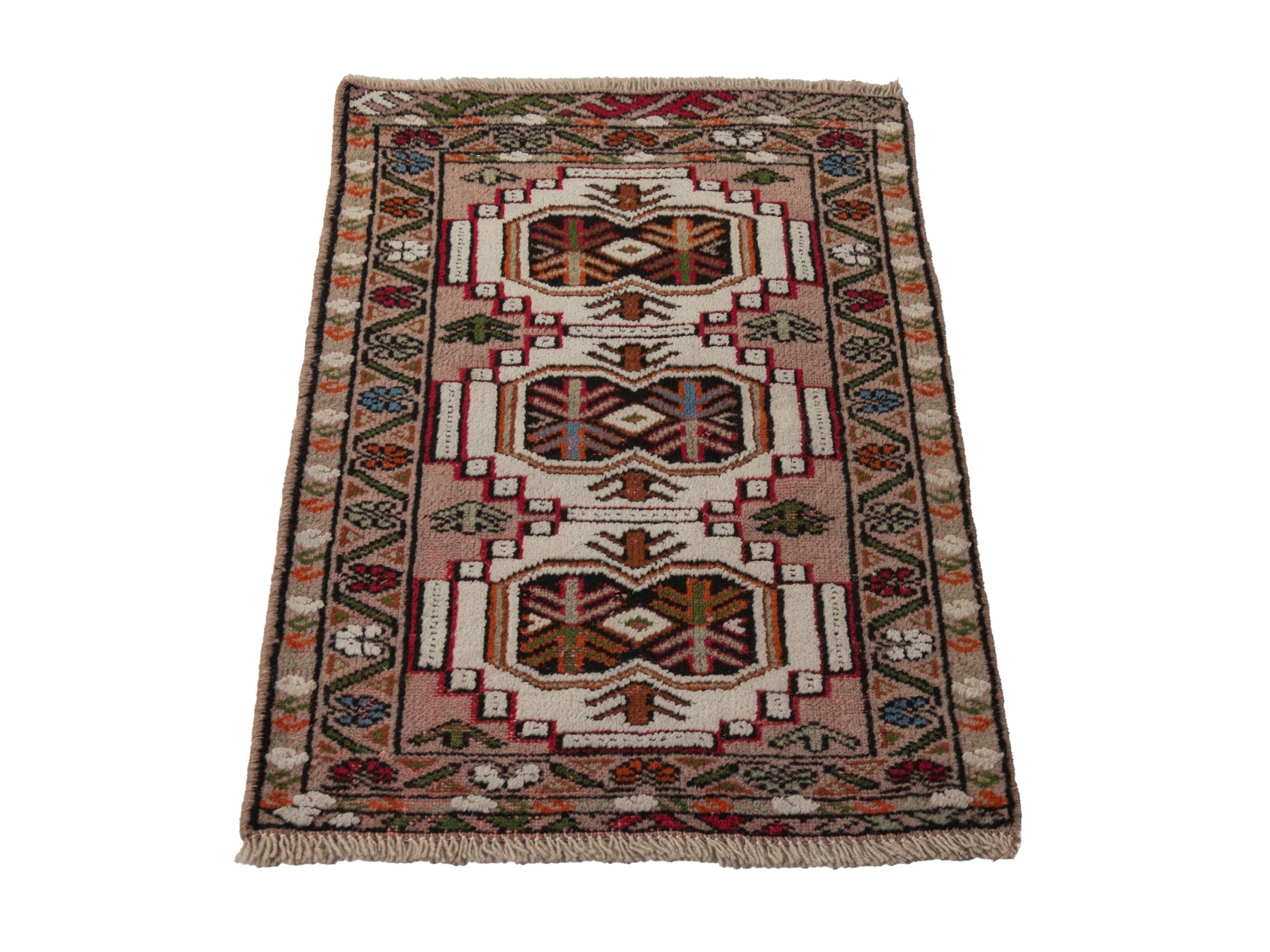 Persian Torkaman accent rug in muted pink and deep red, view 3 of 7
