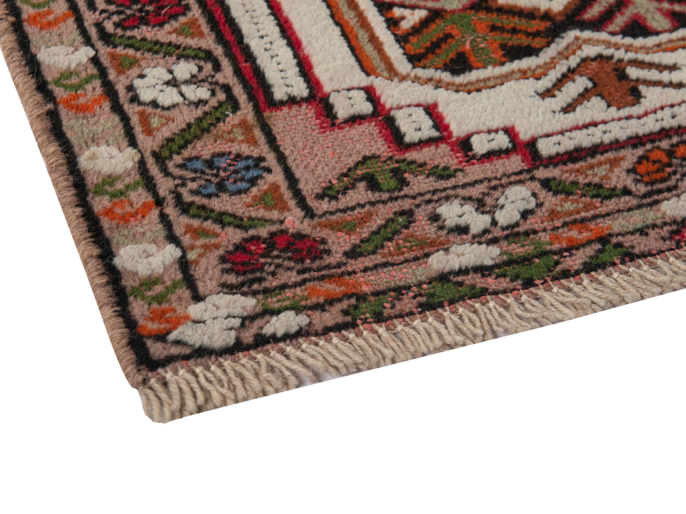 Persian Torkaman accent rug in muted pink and deep red, view 5 of 7