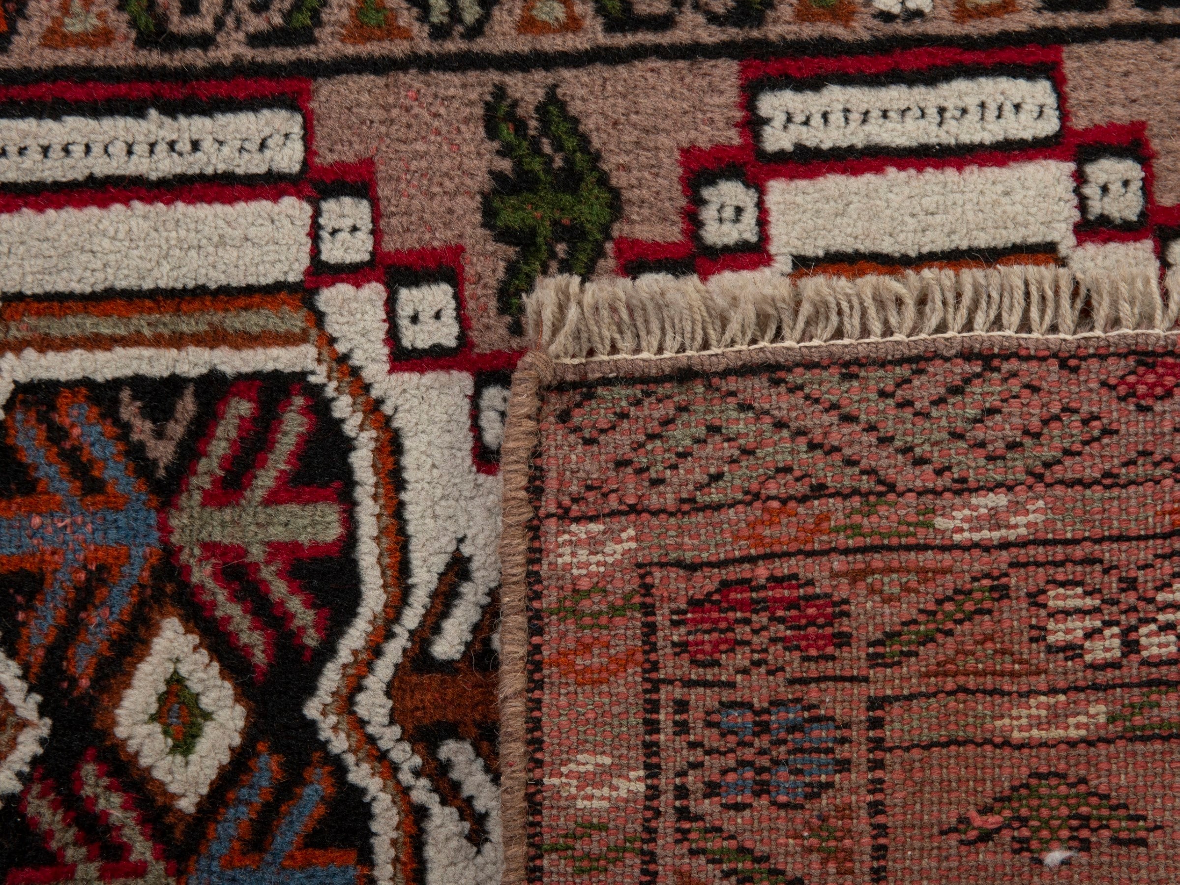 Persian Torkaman accent rug in muted pink and deep red, view 7 of 7