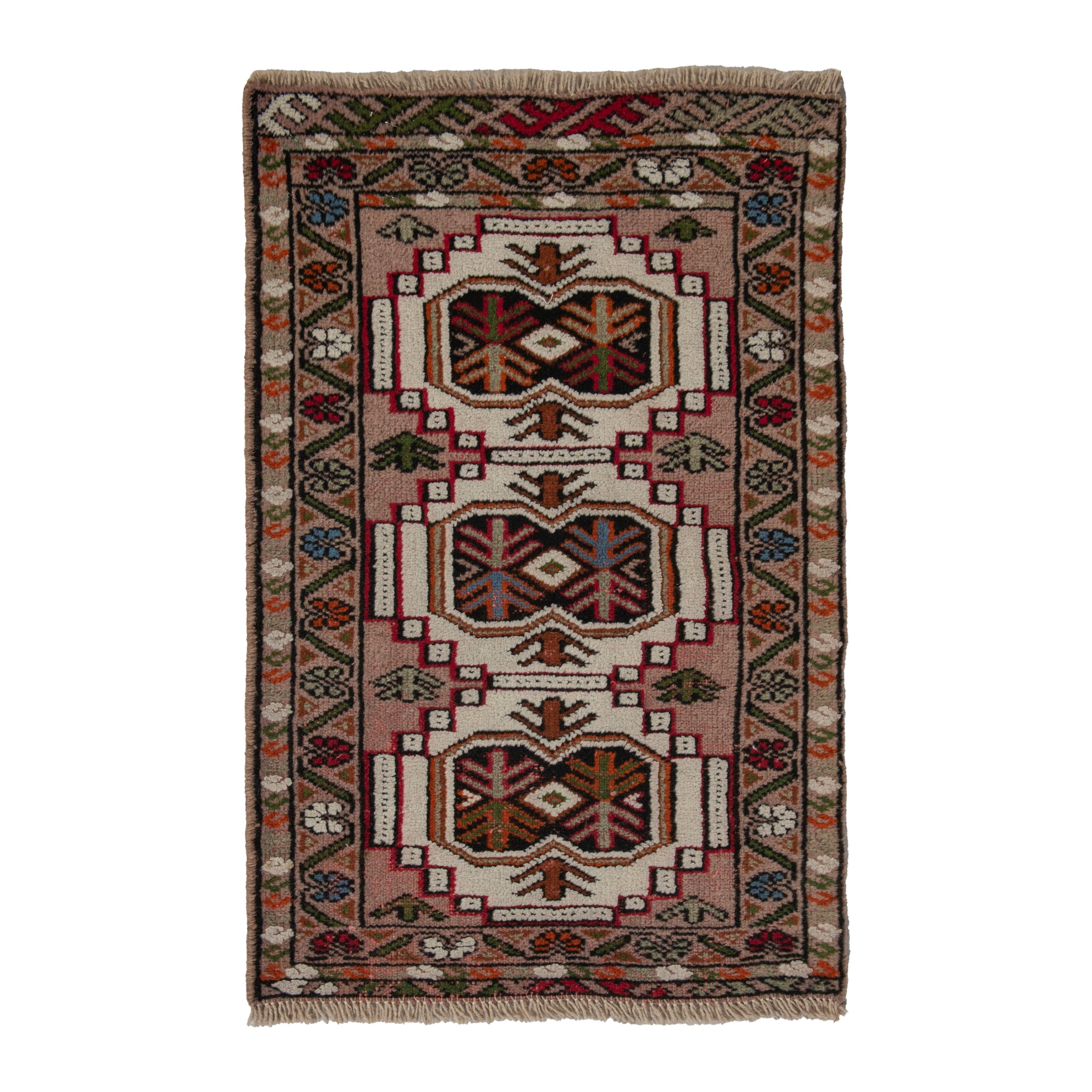 Persian Torkaman accent rug in muted pink and deep red, 1'10" x 2'11"