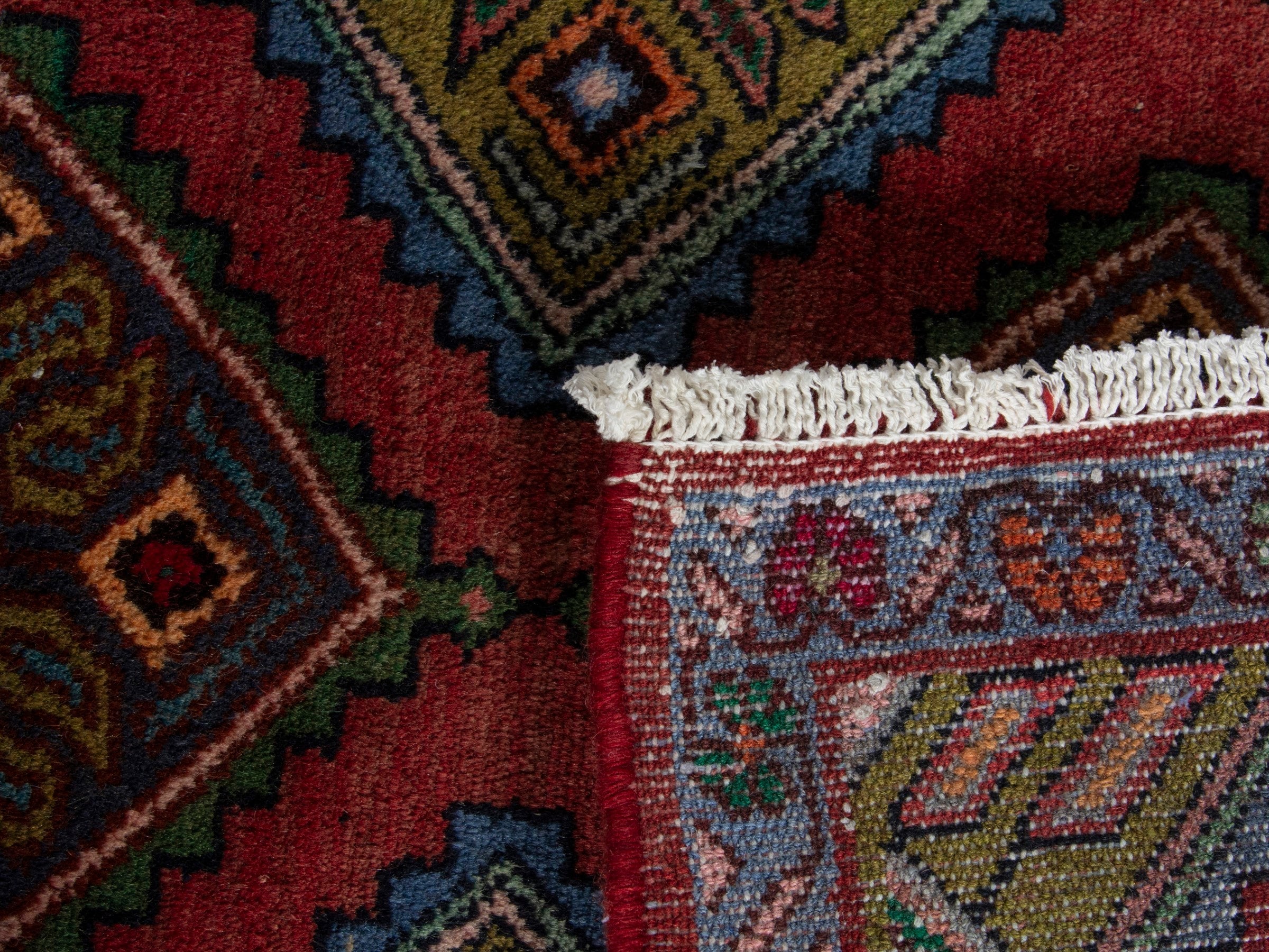 Persian Asadabad accent rug in deep red and brown, view 8 of 8