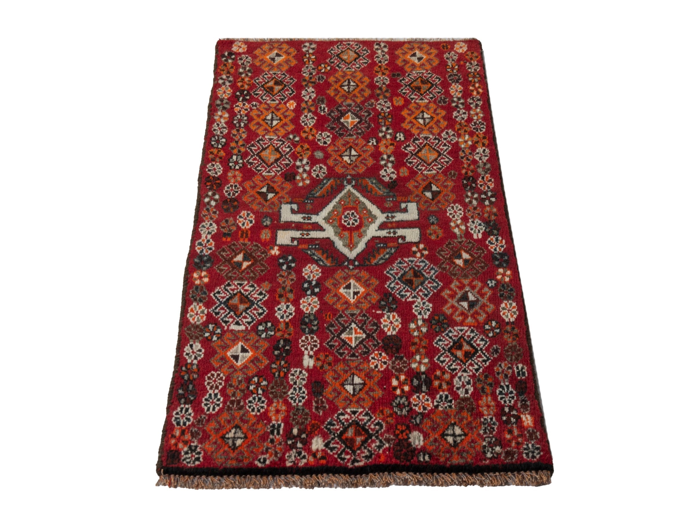 Persian Shiraz accent rug in deep red and cream, view 2 of 6