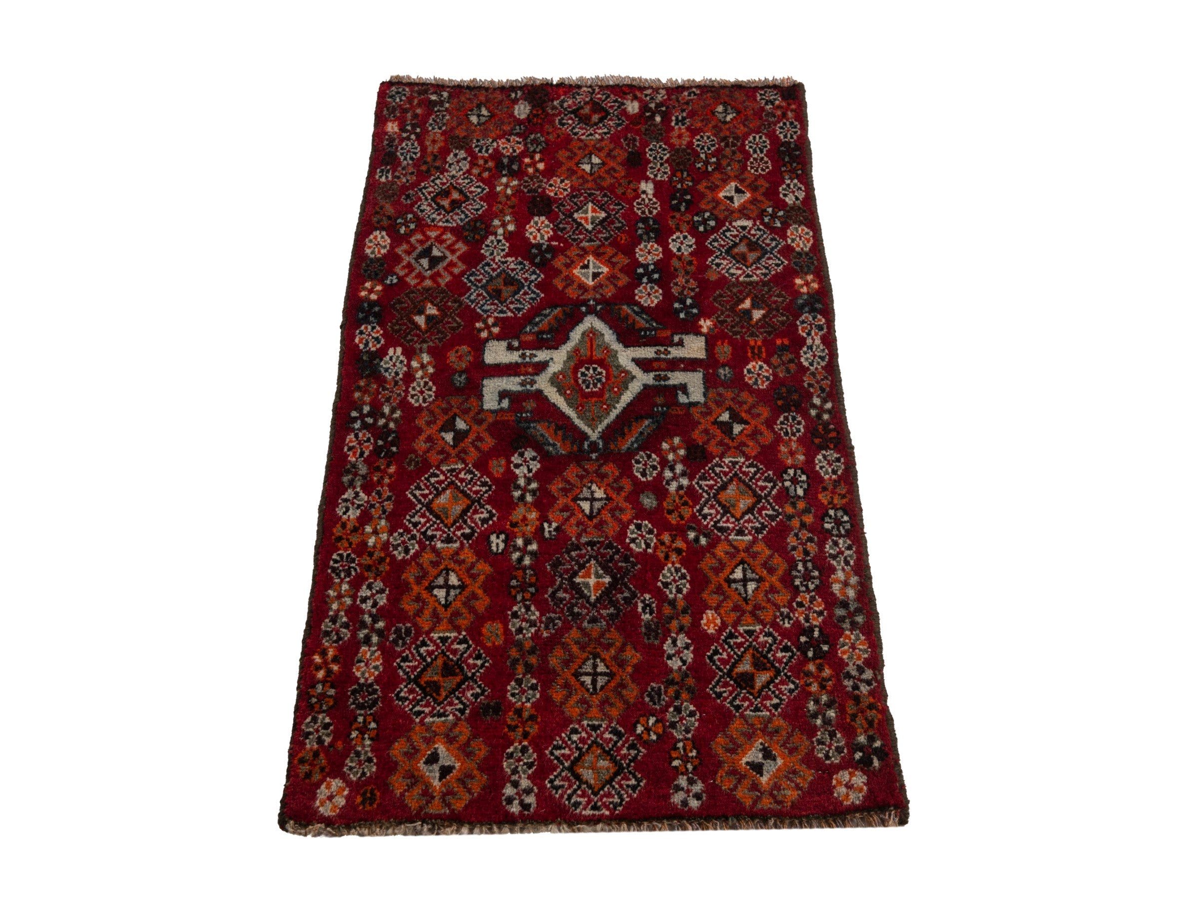 Persian Shiraz accent rug in deep red and cream, view 3 of 6