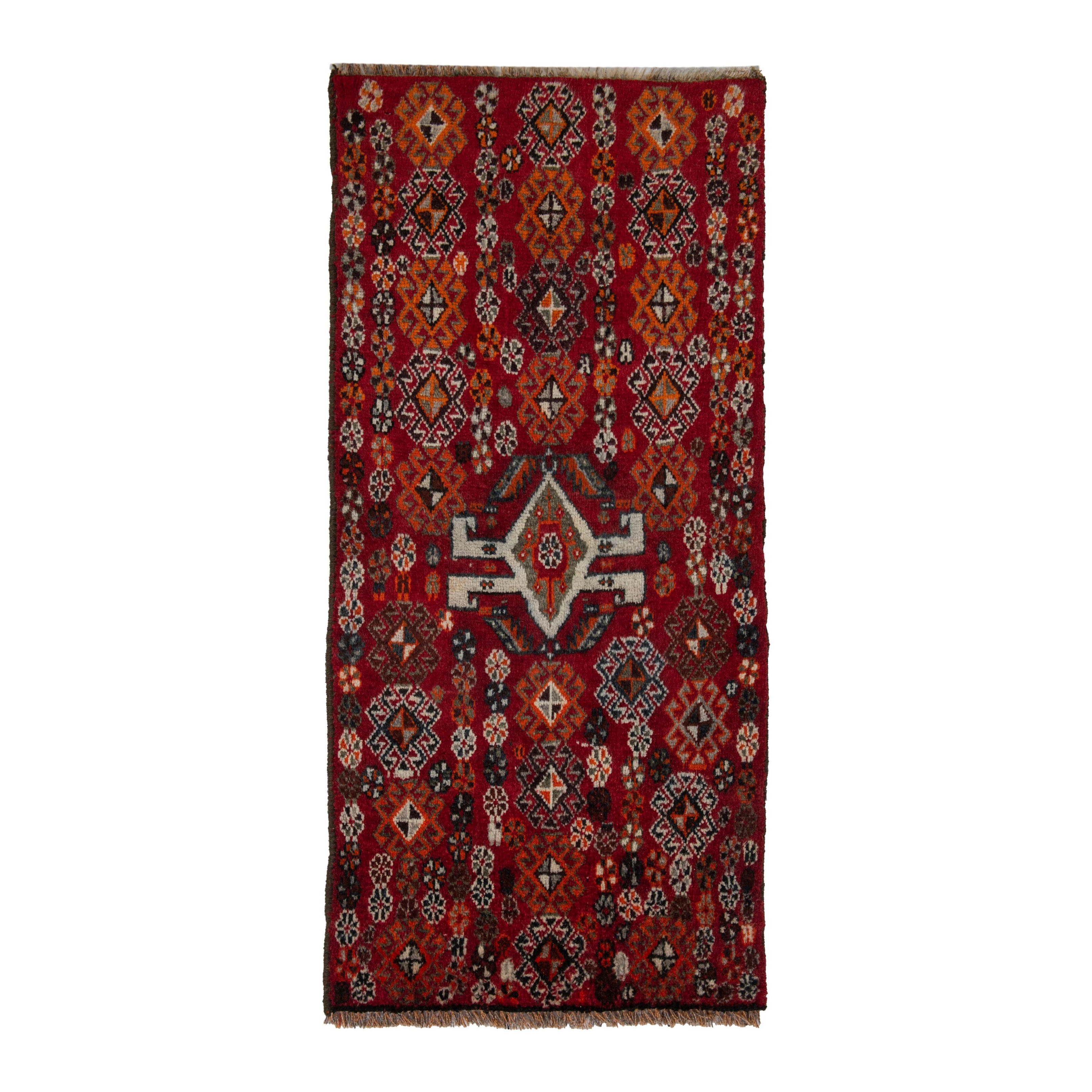 Persian Shiraz accent rug in deep red and cream, 1'9" x 3'9"