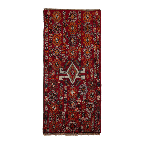 Persian Shiraz accent rug in deep red and cream, 1'9" x 3'9"