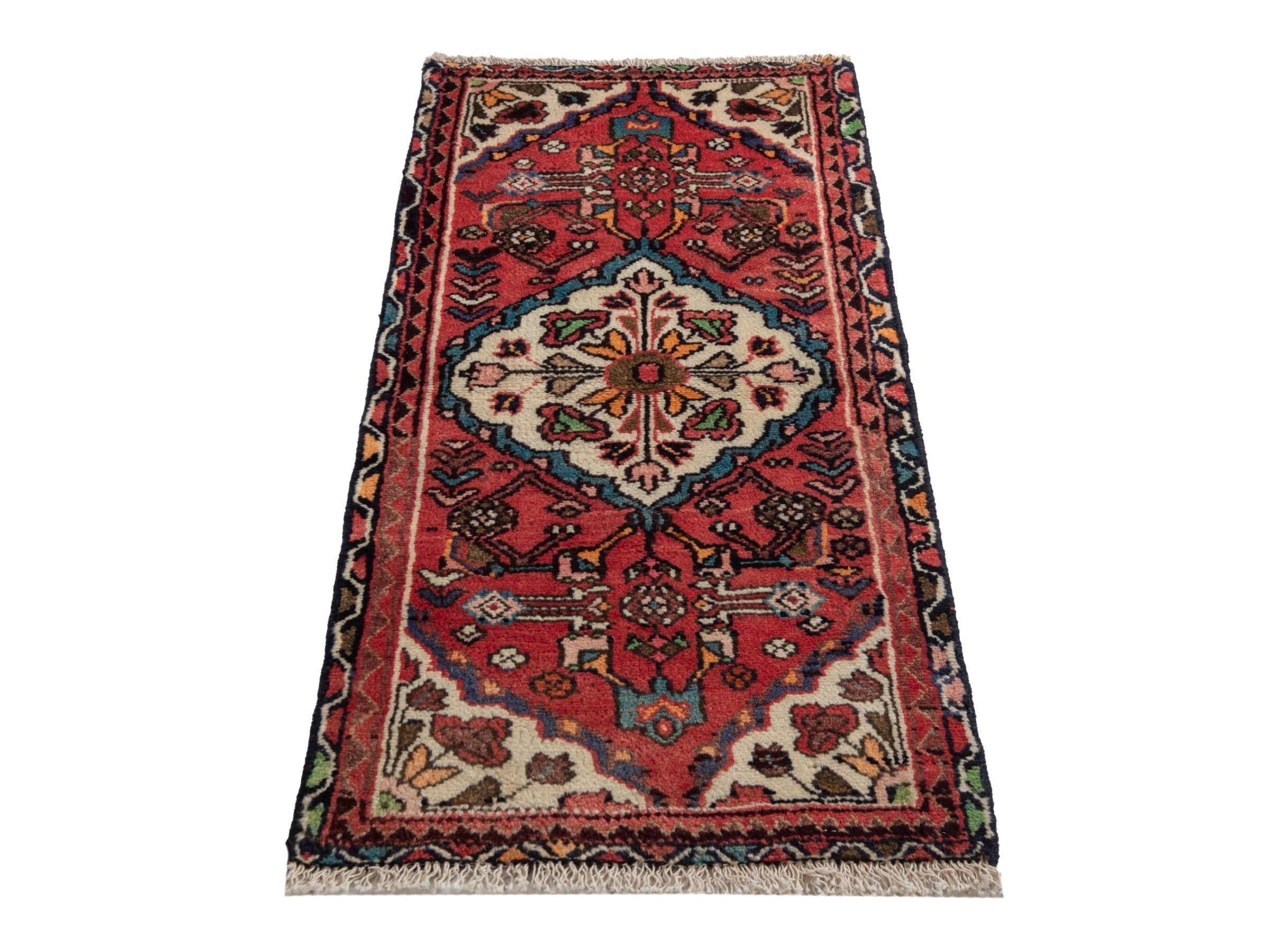 Persian Hamedan accent rug in deep red and off-white, view 2 of 7