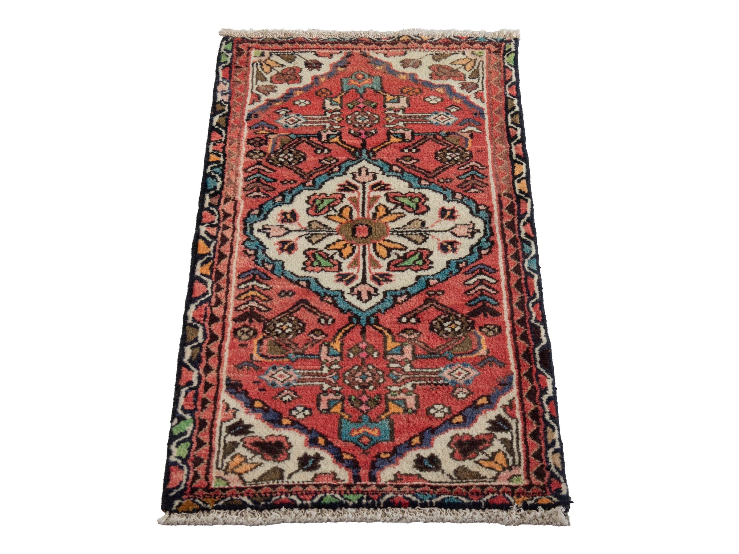Persian Hamedan accent rug in deep red and off-white, view 3 of 7