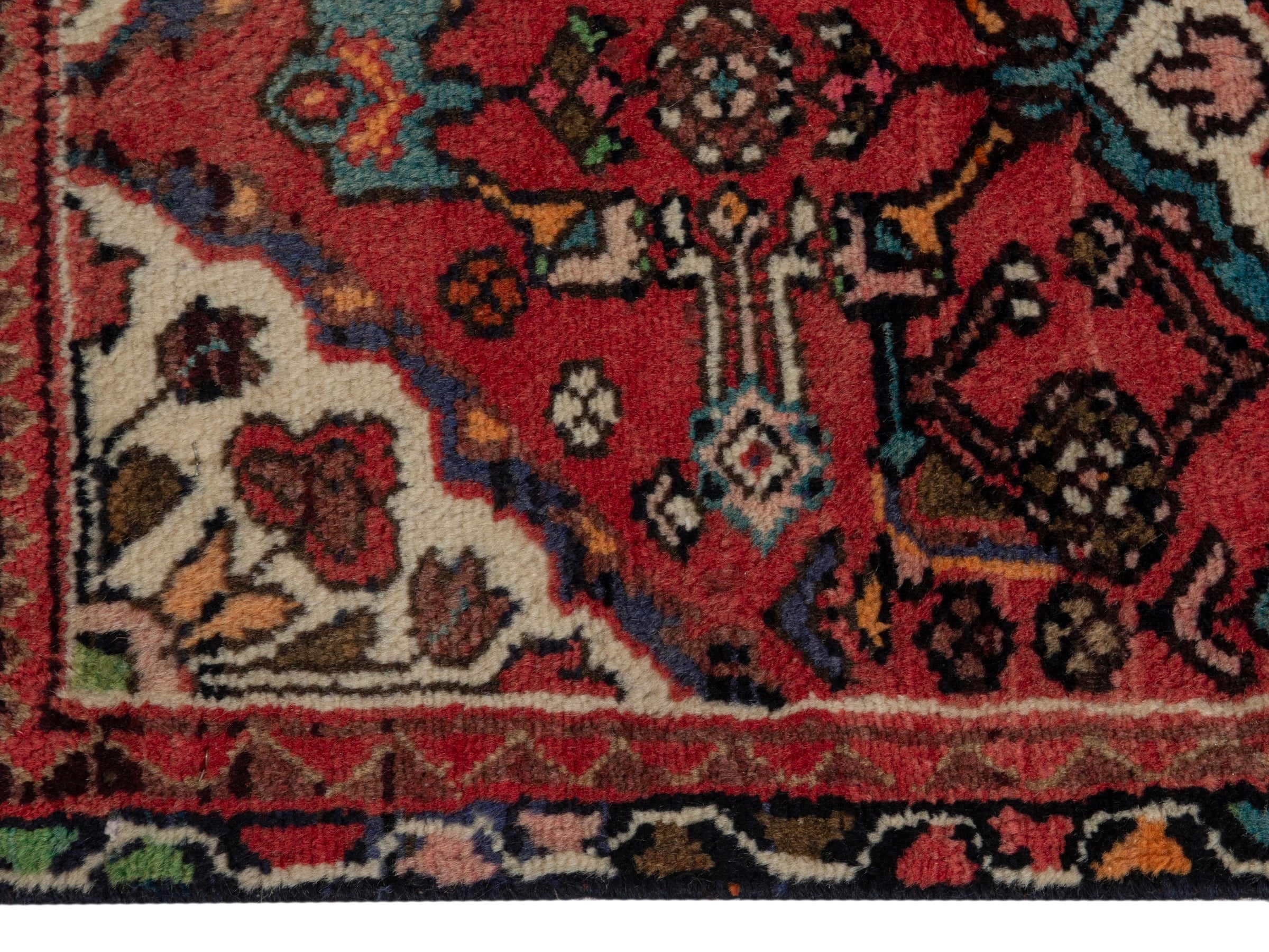 Persian Hamedan accent rug in deep red and off-white, view 4 of 7