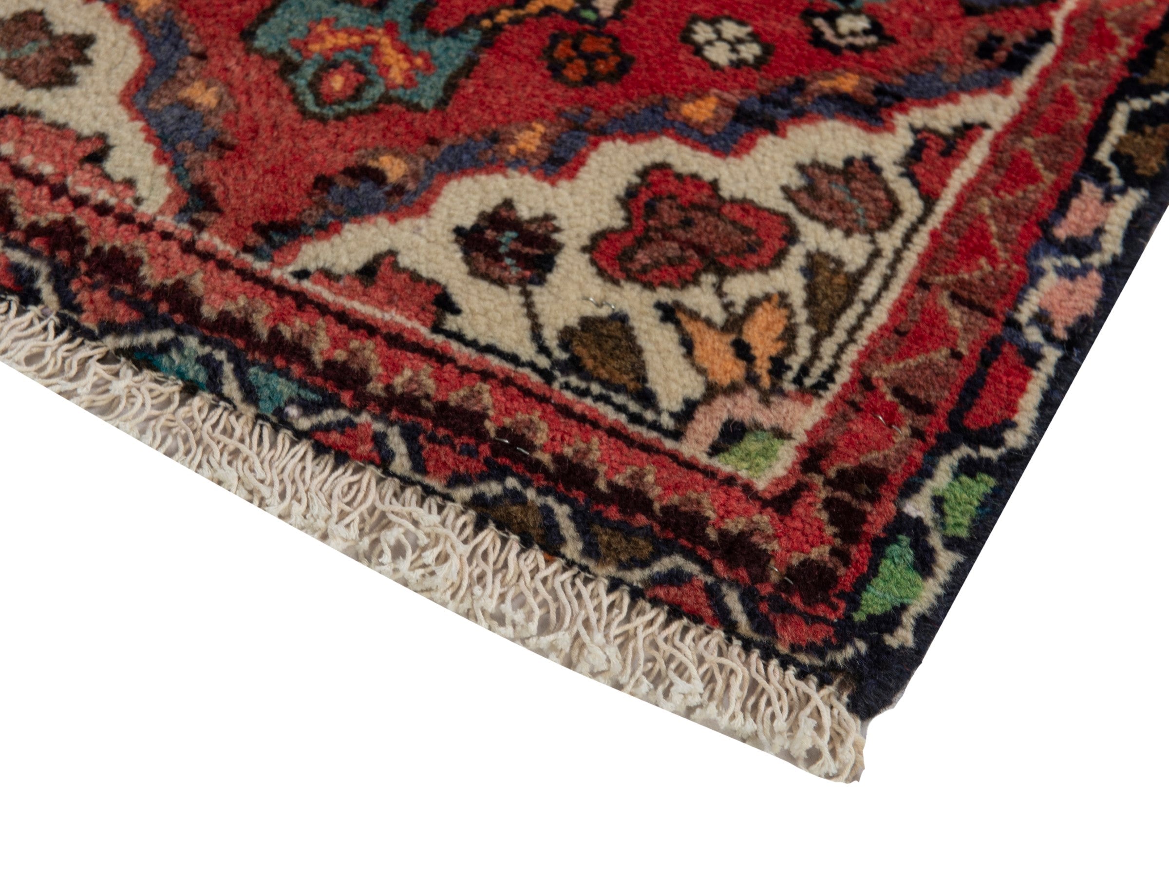 Persian Hamedan accent rug in deep red and off-white, view 5 of 7