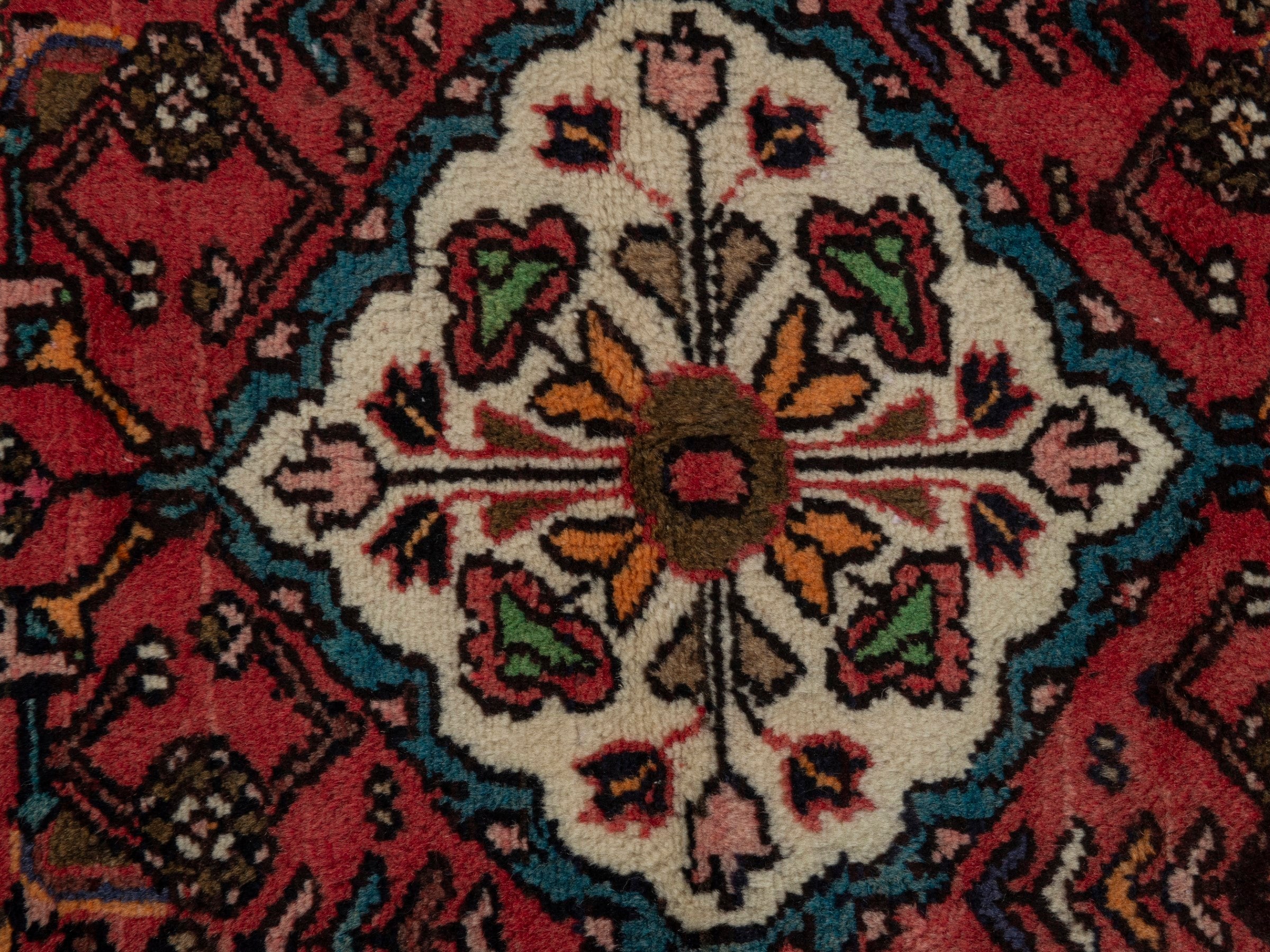 Persian Hamedan accent rug in deep red and off-white, view 6 of 7