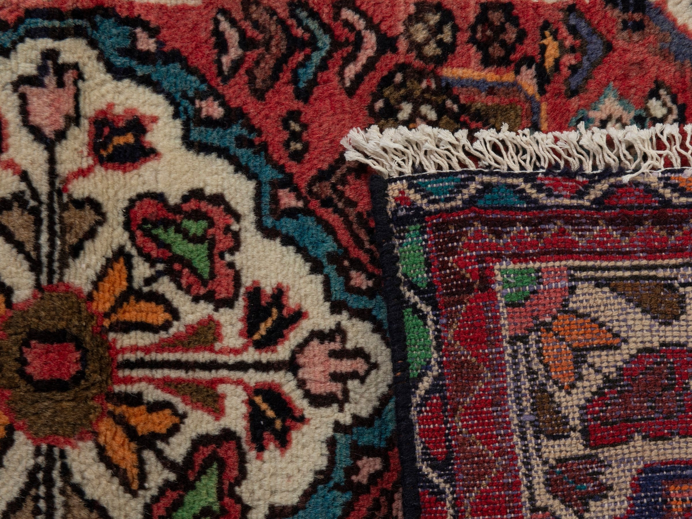 Persian Hamedan accent rug in deep red and off-white, view 7 of 7