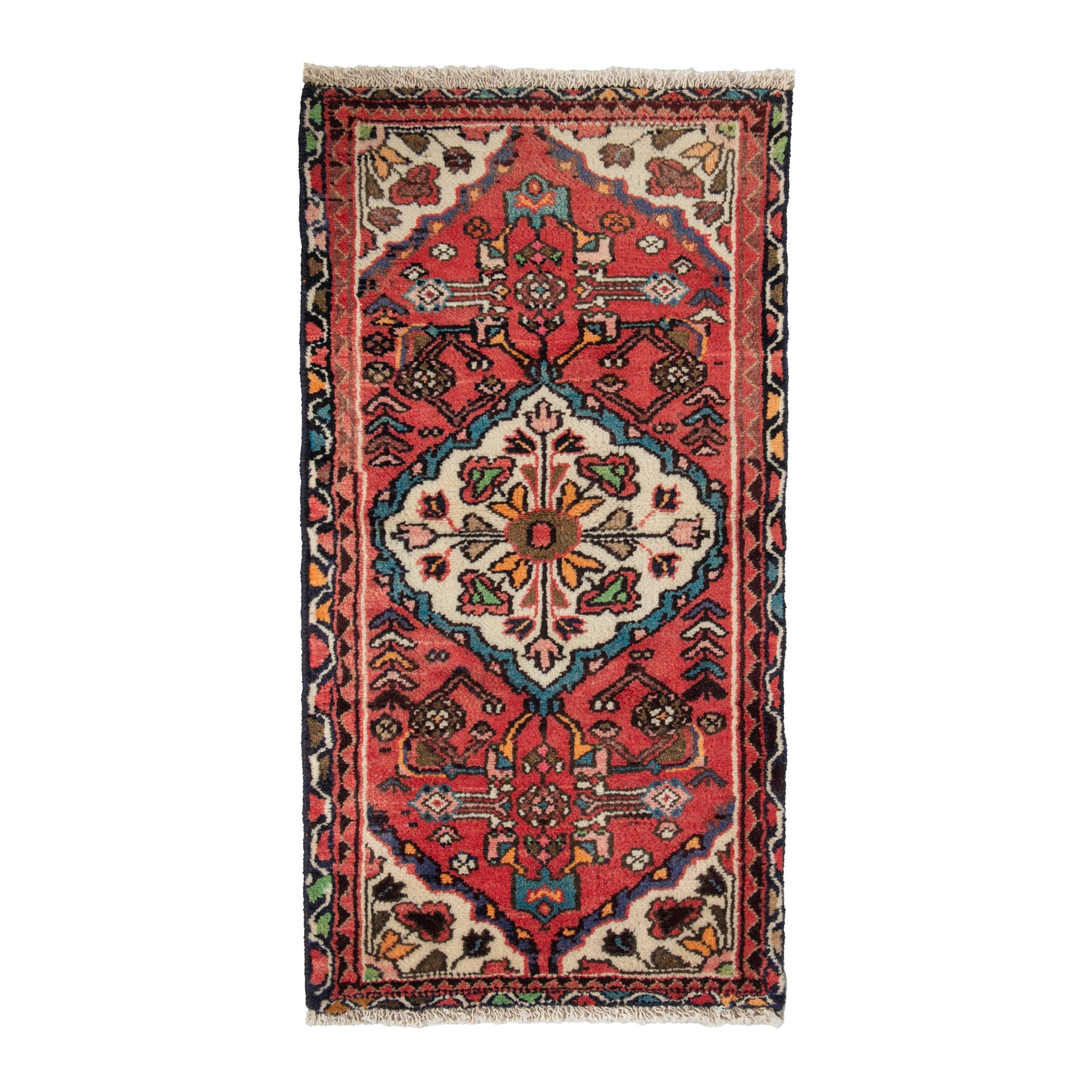 Persian Hamedan accent rug in deep red and off-white, 1'9" x 3'8"