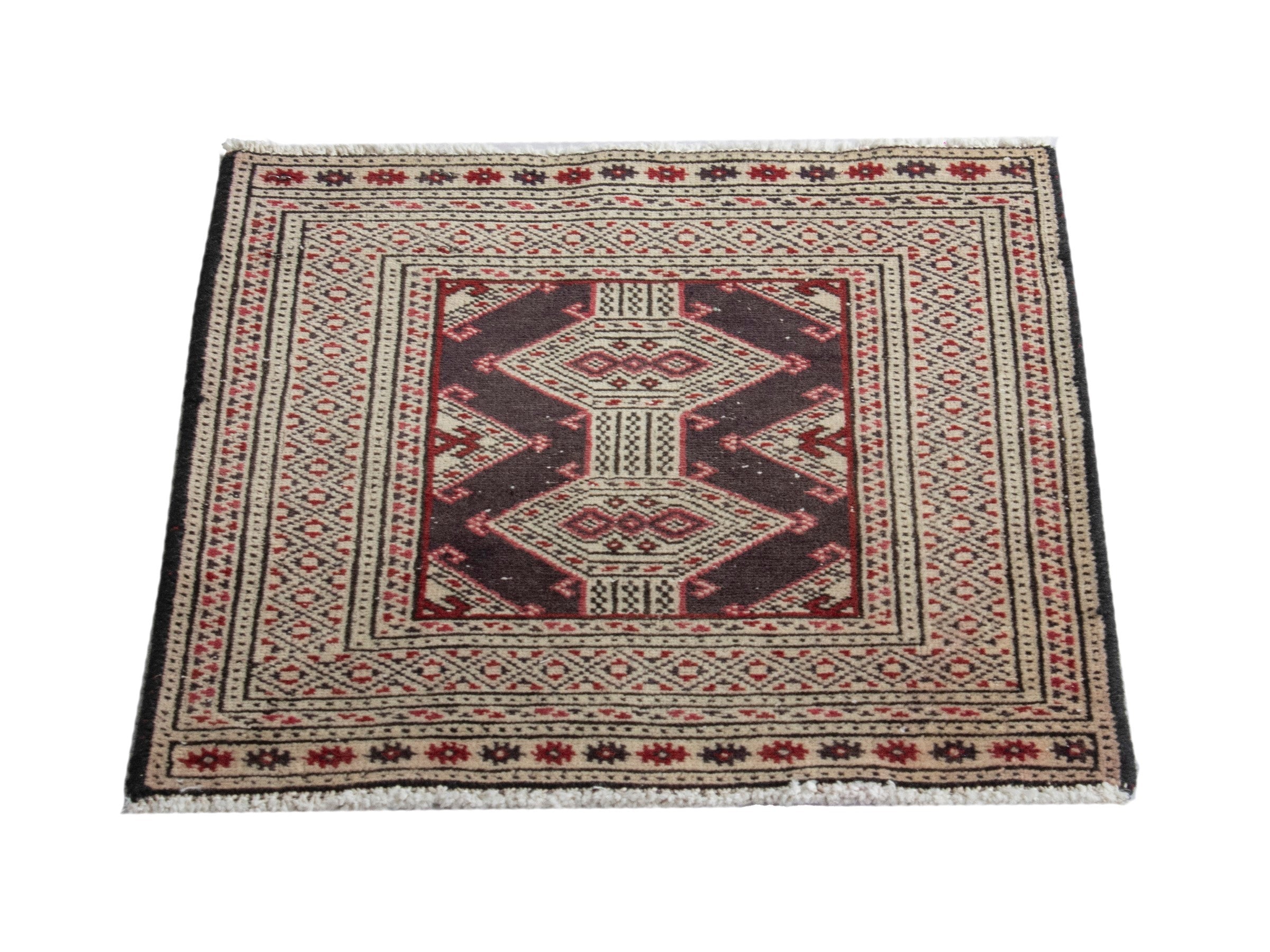 Persian Torkaman accent rug in cream and burgundy, view 2 of 7