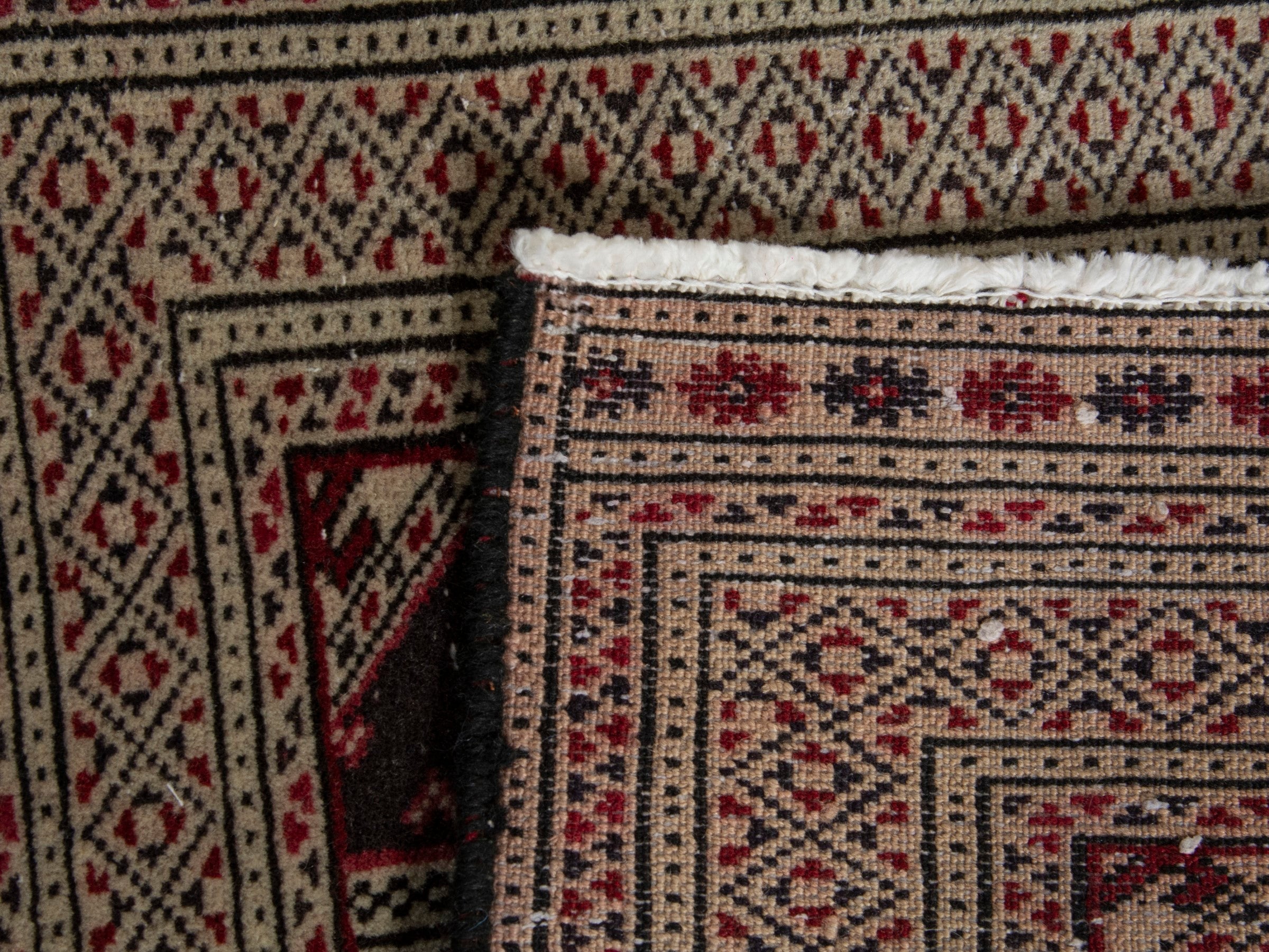 Persian Torkaman accent rug in cream and burgundy, view 7 of 7