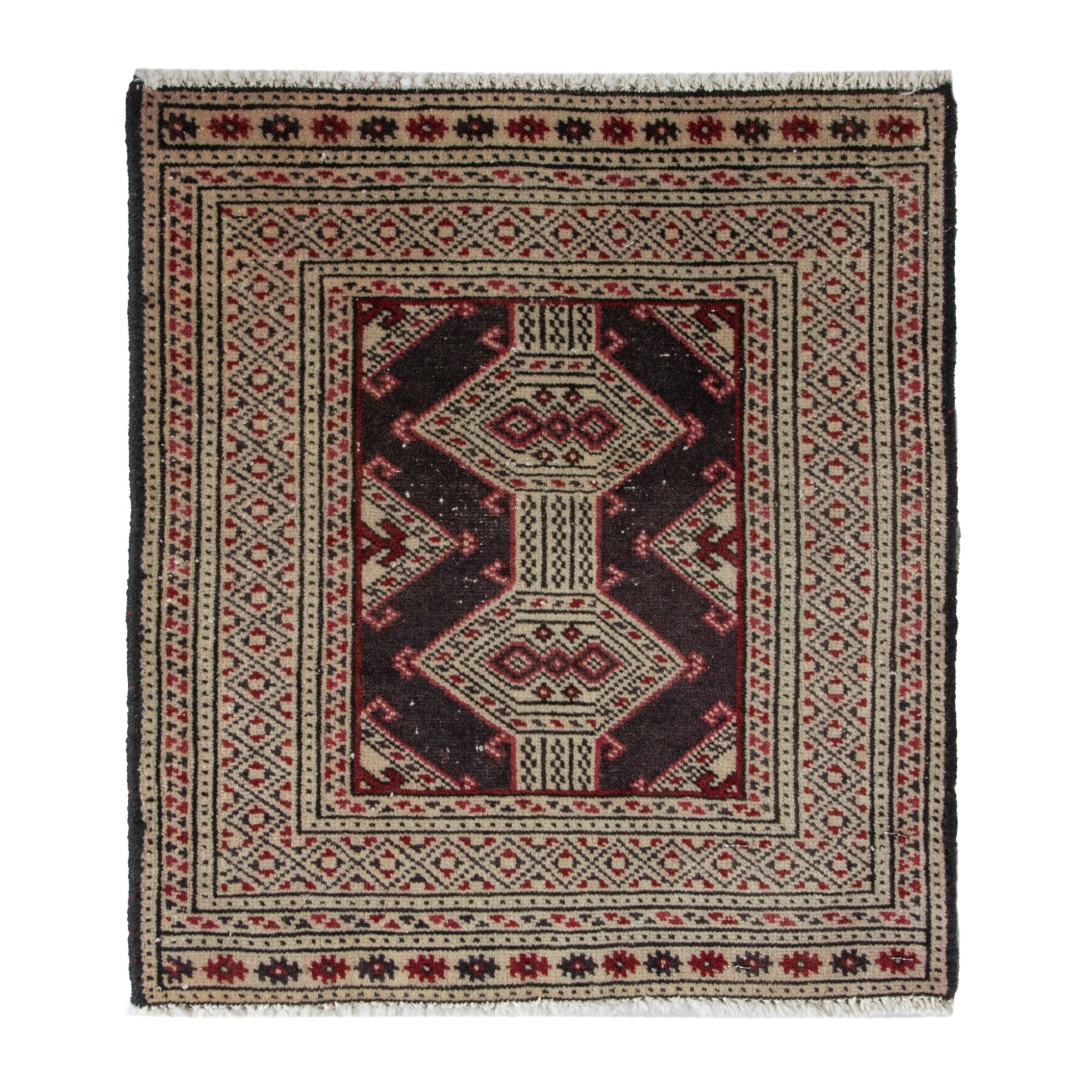 Persian Torkaman accent rug in cream and burgundy, 1'8" x 1'8"