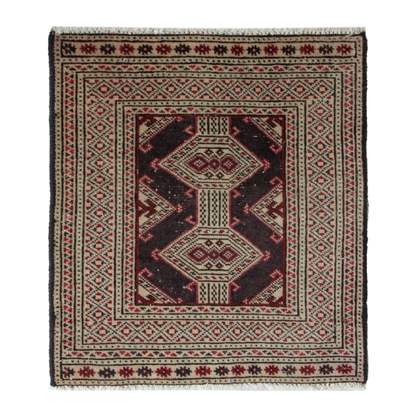 Persian Torkaman accent rug in cream and burgundy, 1'8" x 1'8"