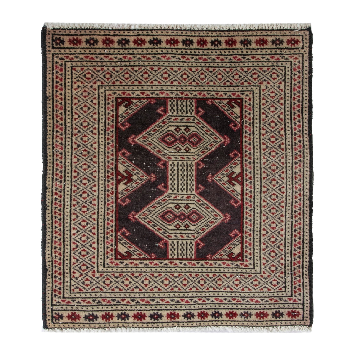 Persian Torkaman accent rug in cream and burgundy, 1'8" x 1'8"