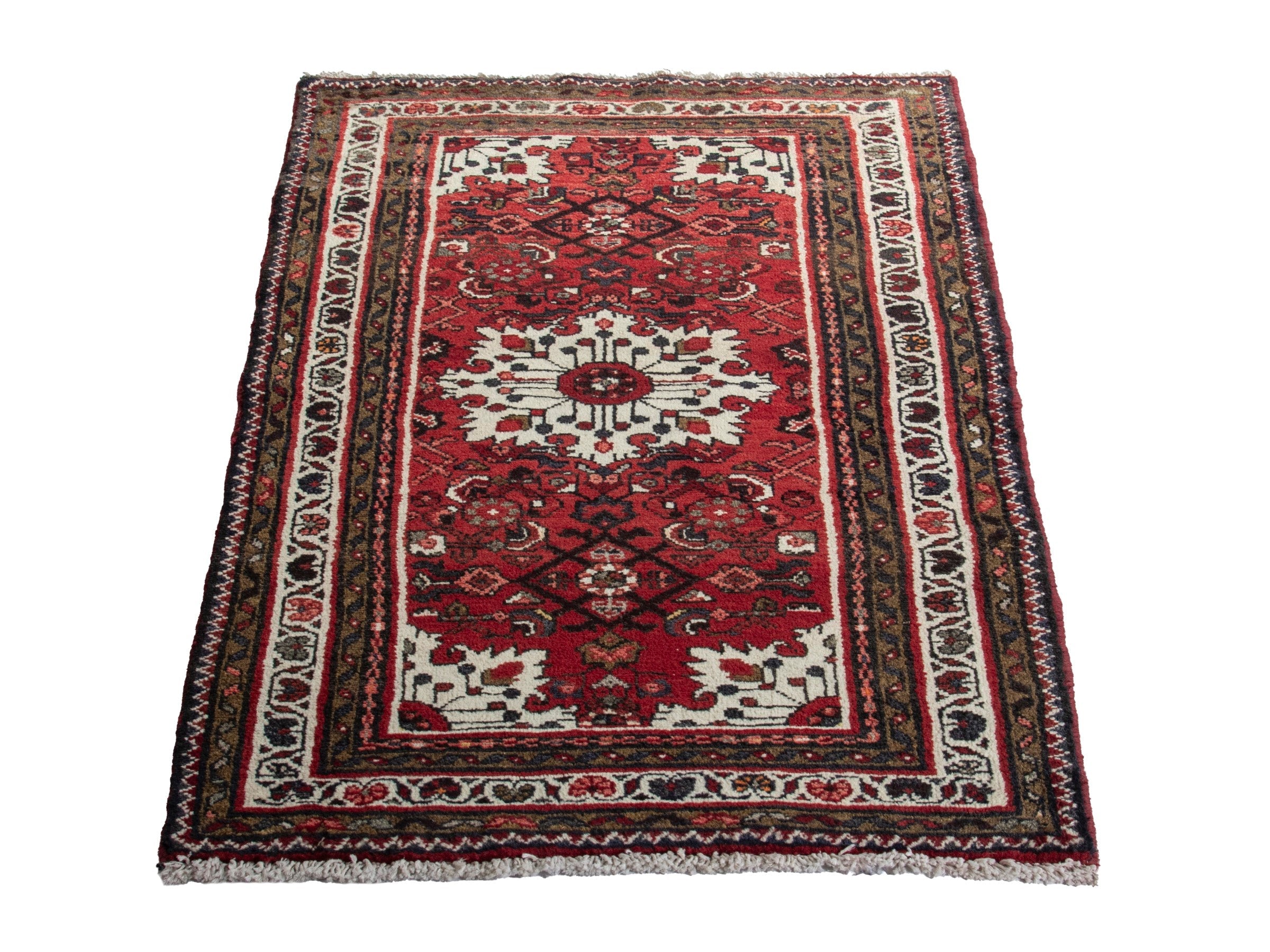 Persian Hamedan accent rug in burgundy and ivory, view 2 of 8