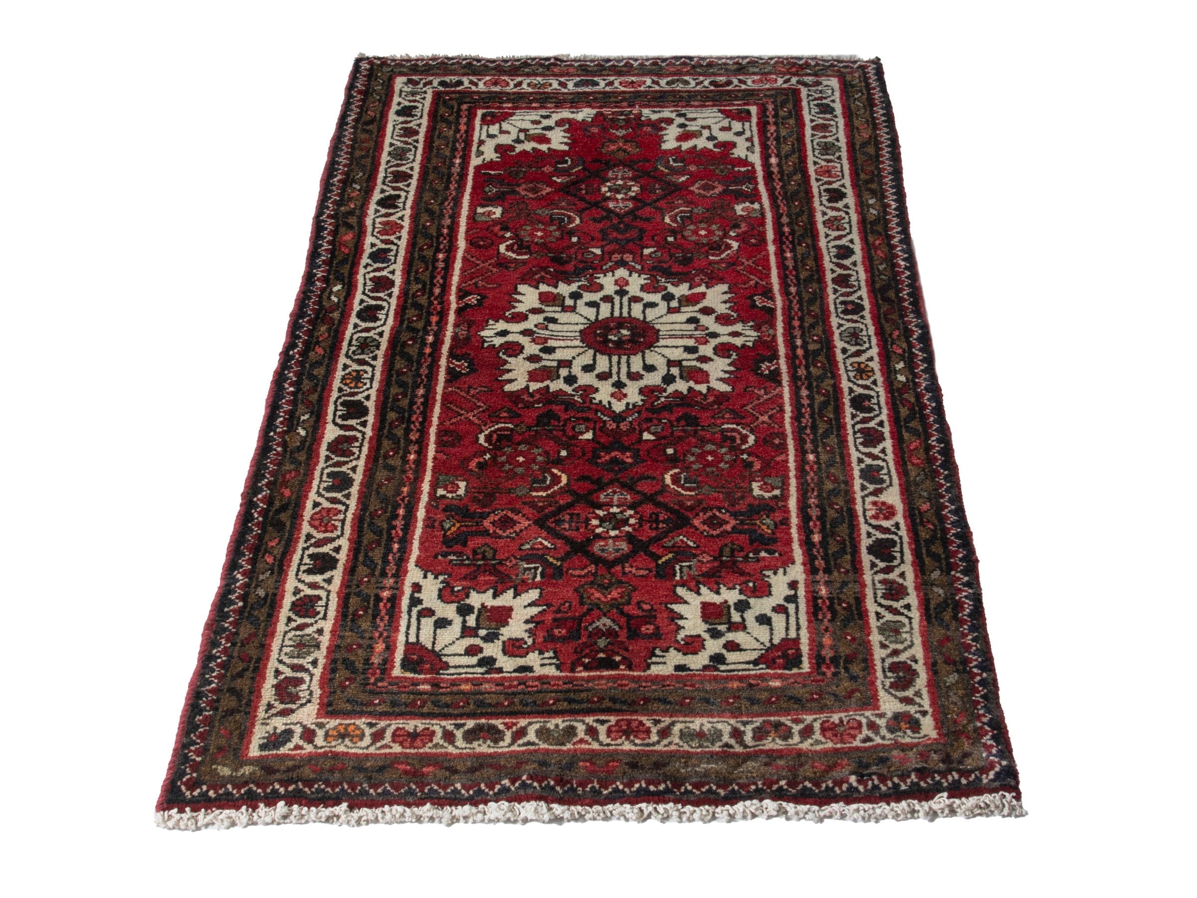 Persian Hamedan accent rug in burgundy and ivory, view 3 of 8