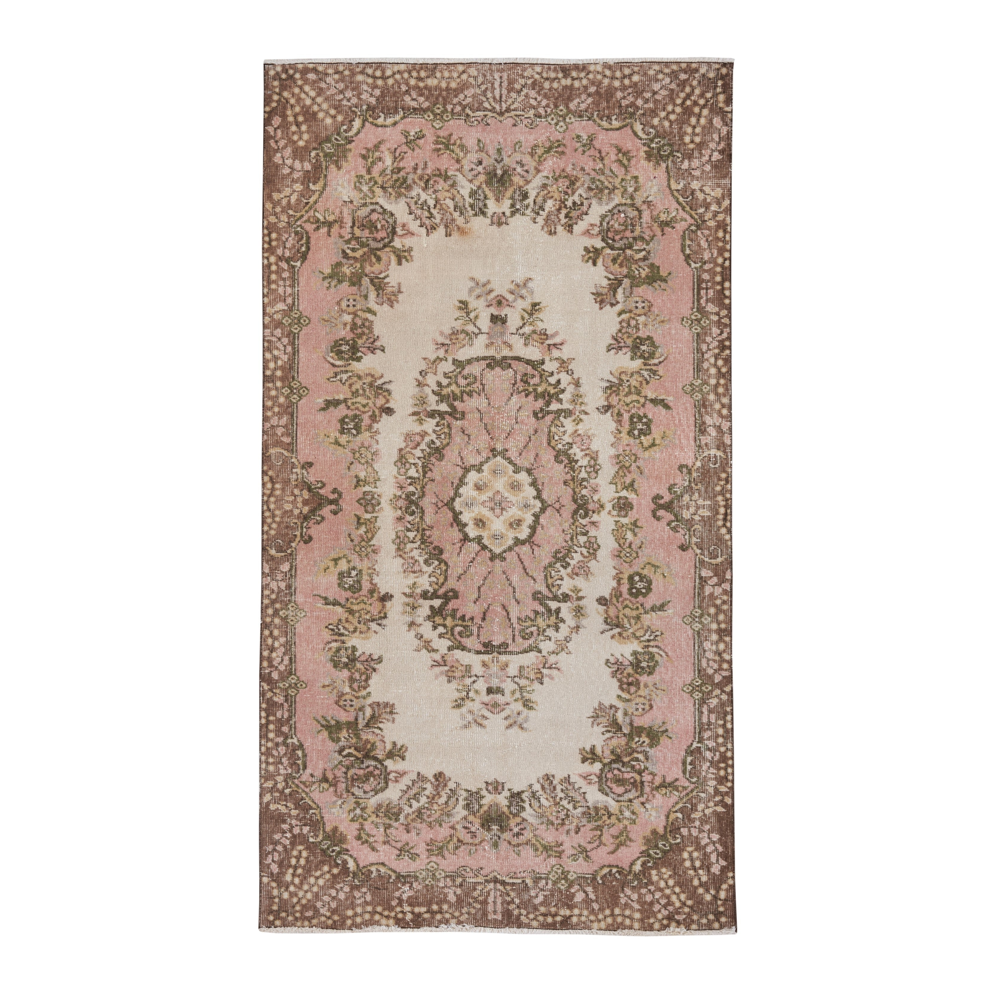 Turkish Isparta area rug in cream and muted pink, 3'9" x 7'1"