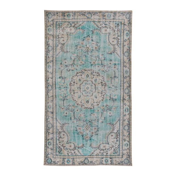 Turkish Manisa area rug in turquoise and cream, 5'3" x 9'5"