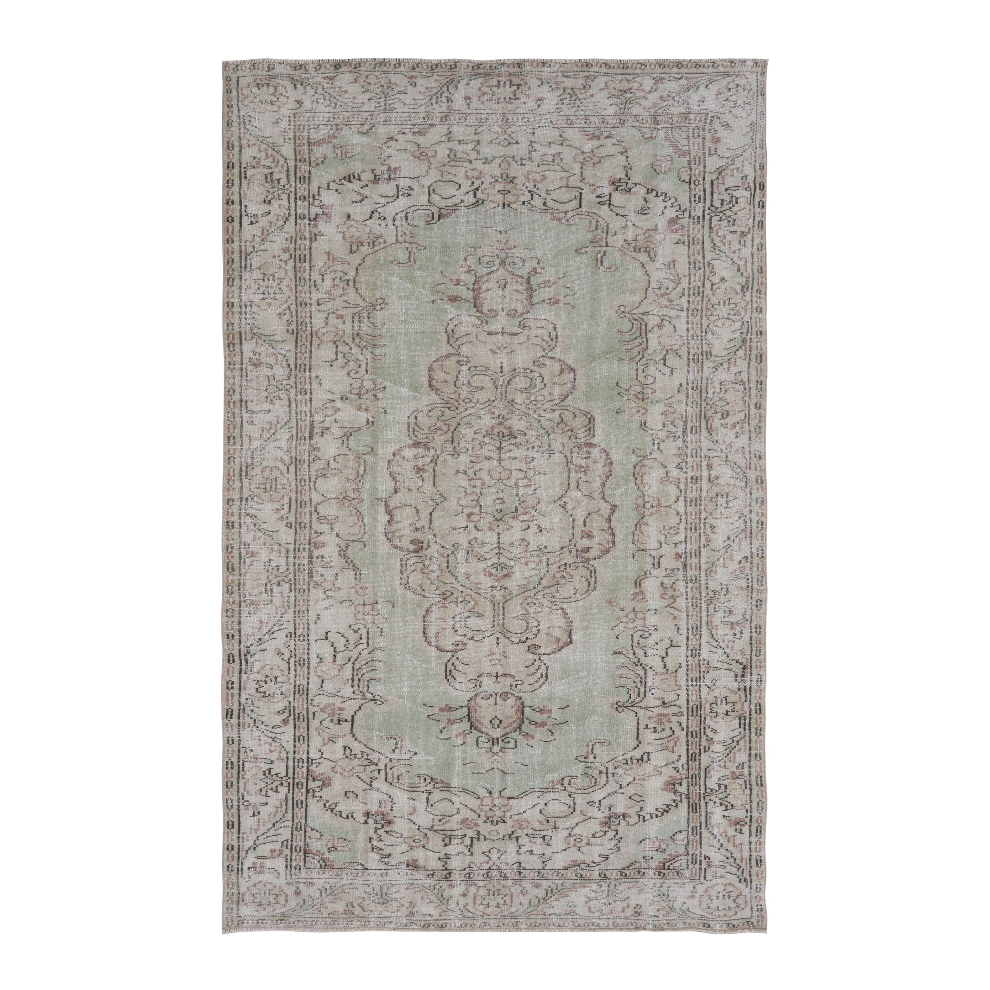 Turkish Manisa area rug in sage and faded red, 5'6" x 9'