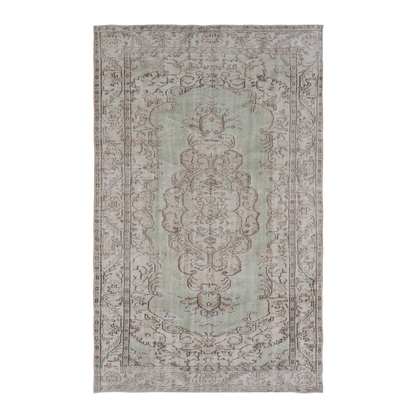 Turkish Manisa area rug in sage and faded red, 5'6" x 9'