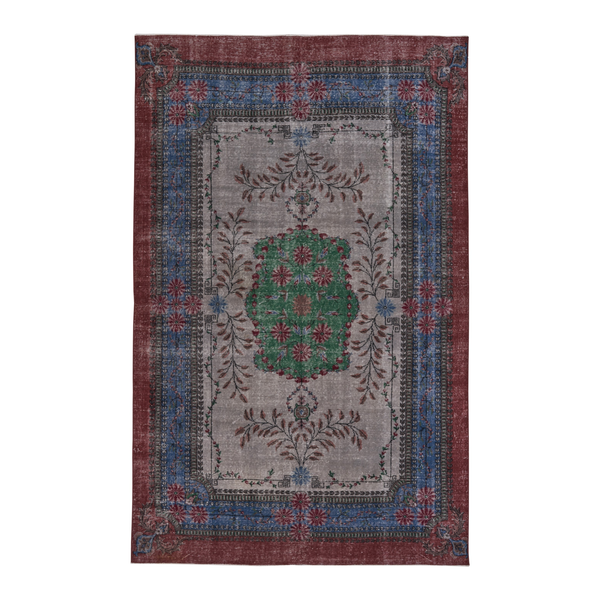 Turkish Isparta area rug in stone and burgundy, 6'8" x 10'5"