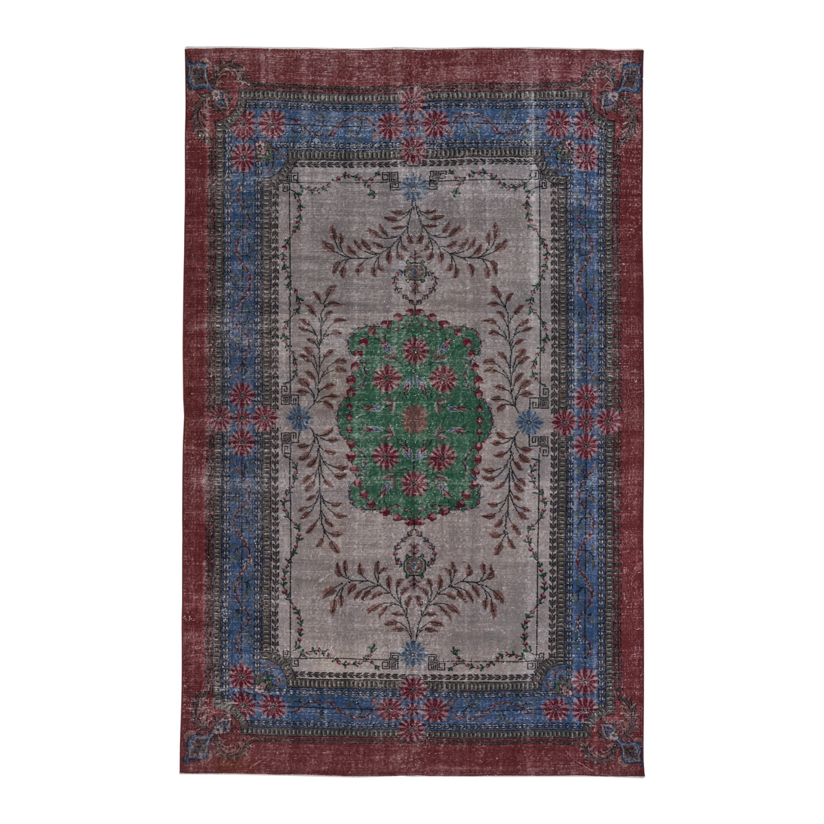 Turkish Isparta area rug in stone and burgundy, 6'8" x 10'5"