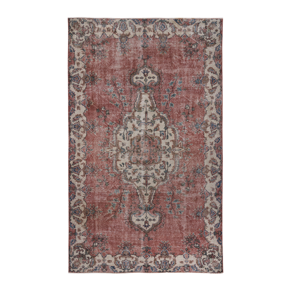 Turkish Isparta area rug in faded red and cream, 5'5" x 9'1"