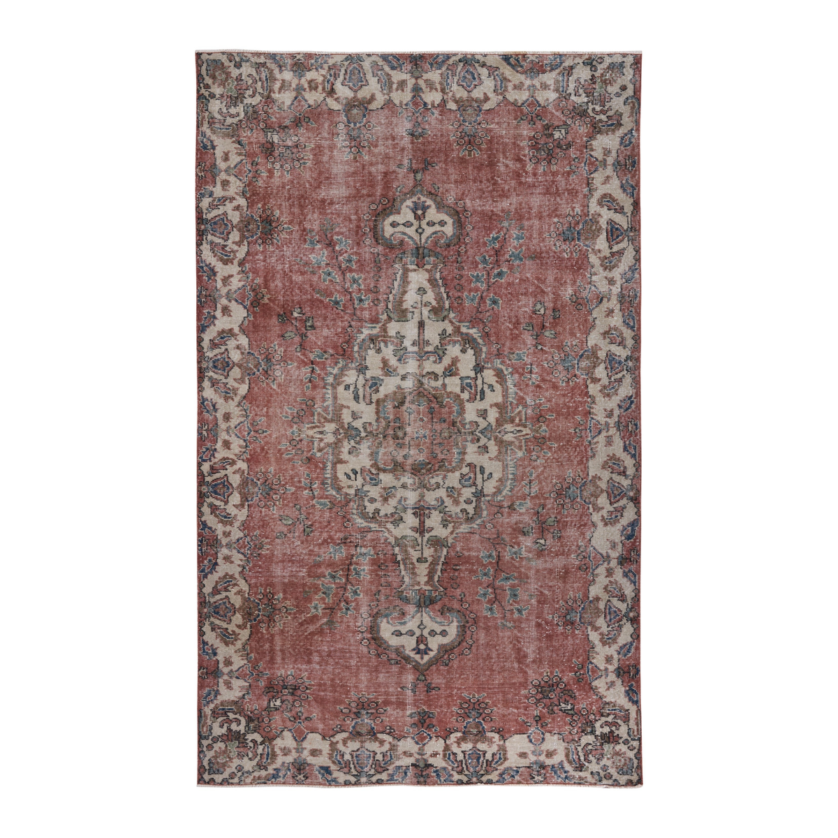 Turkish Isparta area rug in faded red and cream, 5'5" x 9'1"